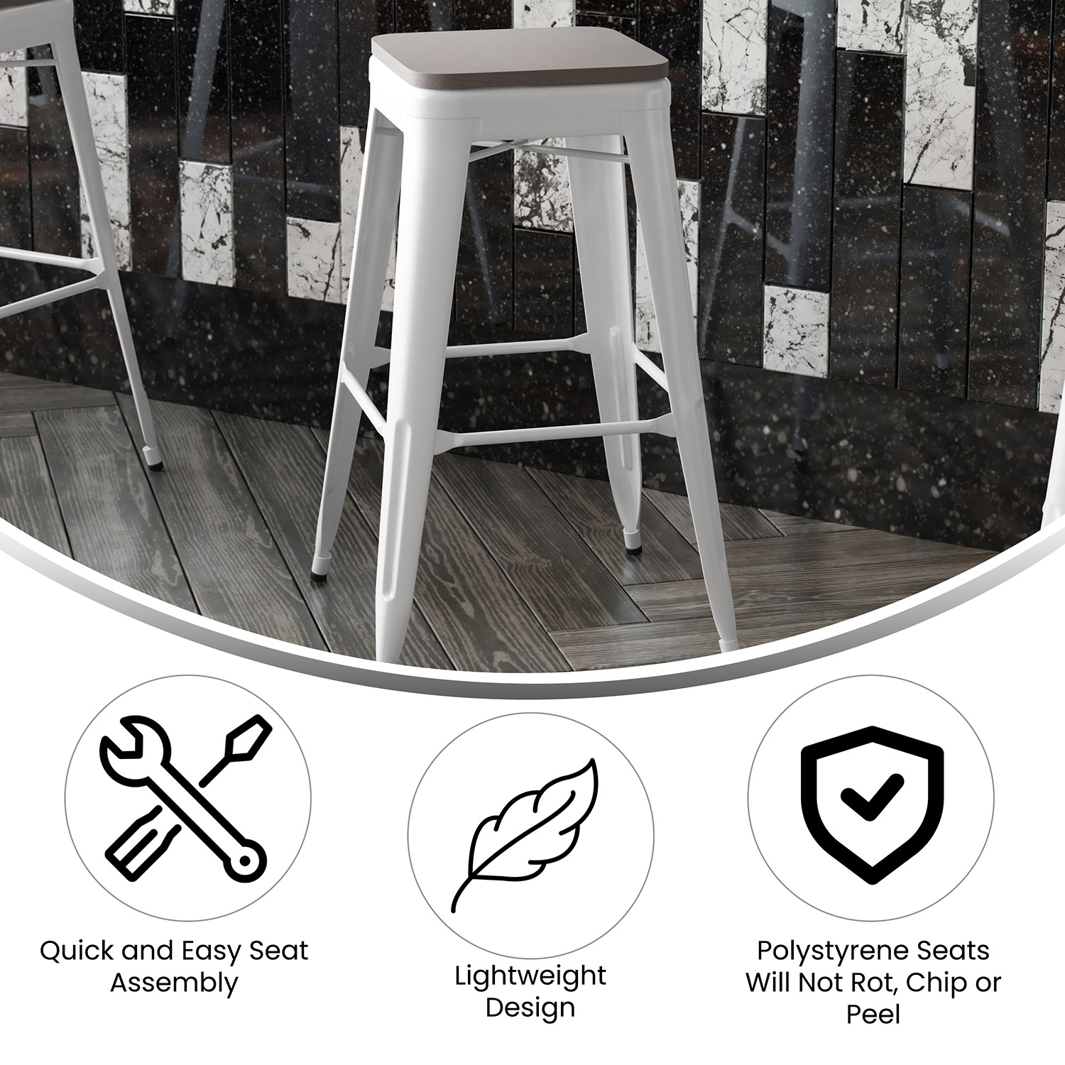 BLNK™ Kai Commercial Metal Backless Indoor-Outdoor Bar Stool with Poly Resin Wood Seat - White/Gray