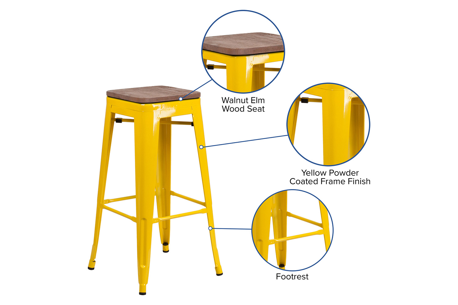 BLNK Lily Metal Bar Stool with Wood Seat - Yellow