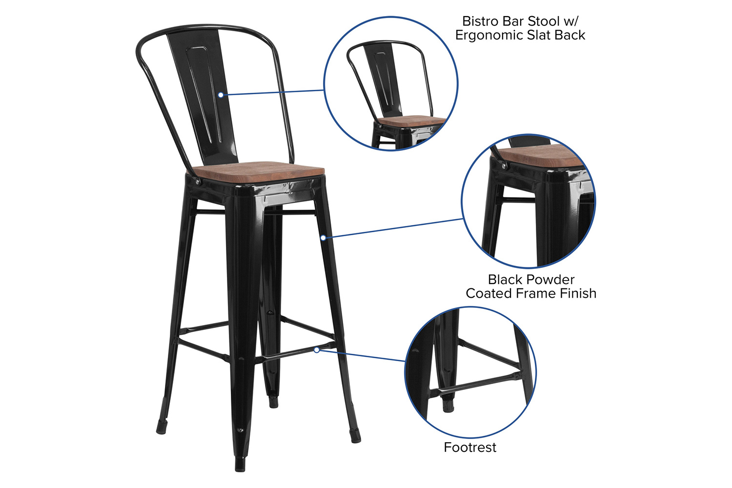 BLNK™ Lily Metal Bar Stool with Back and Wood Seat - Black