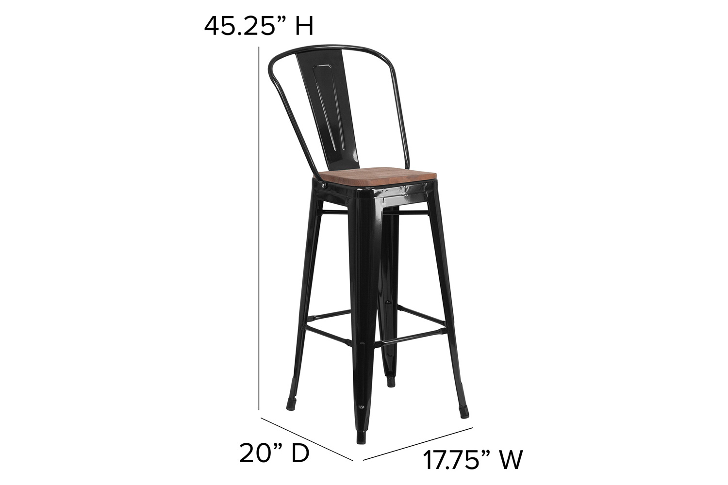 BLNK™ Lily Metal Bar Stool with Back and Wood Seat - Black