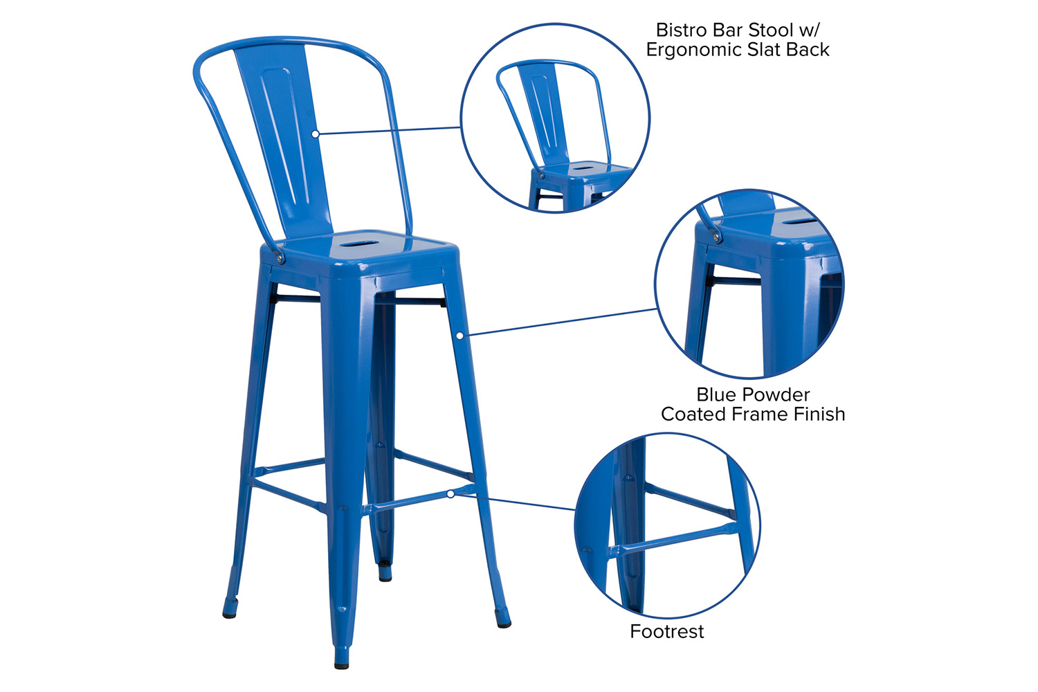 BLNK Kai Commercial Metal Indoor-Outdoor Bar Stool with Removable Back - Blue