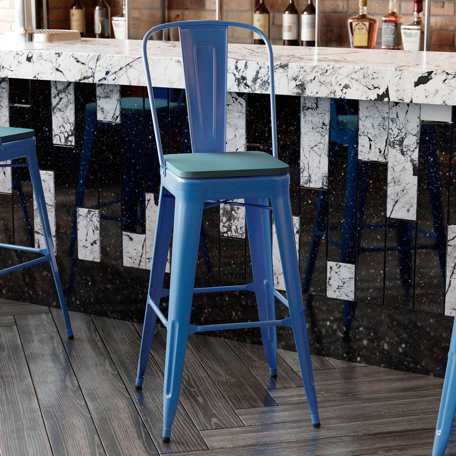 BLNK Kai Commercial All-Weather Bar Height Stool with Removable Back and Resin Seat - Blue