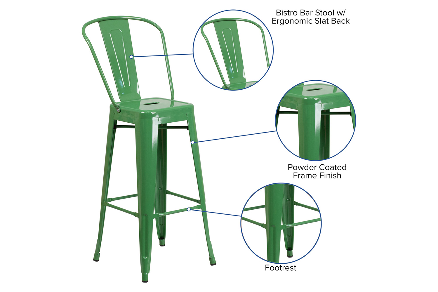 BLNK™ Kai Commercial Metal Indoor-Outdoor Bar Stool with Removable Back - Green