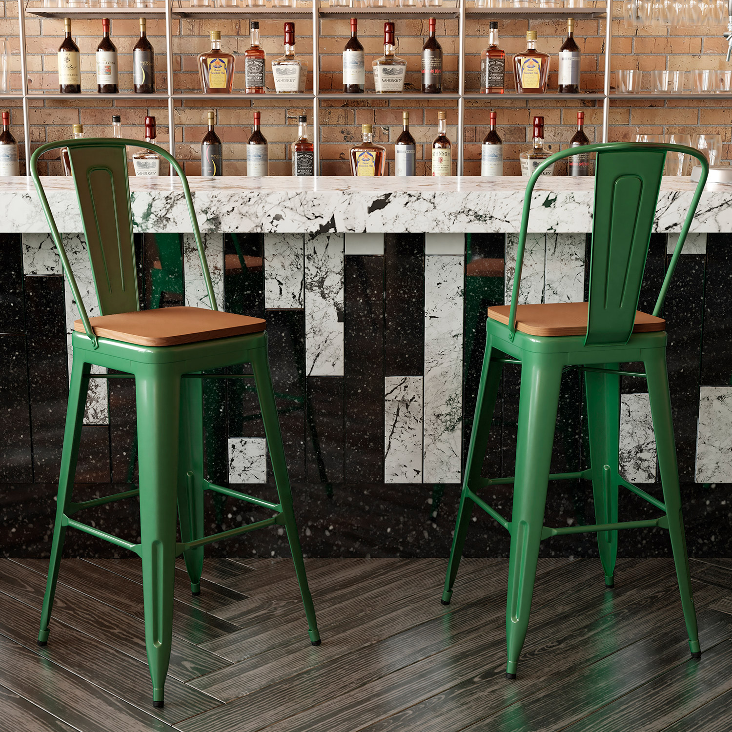 BLNK Kai Commercial All-Weather Bar Height Stool with Removable Back and Resin Seat - Green/Teak