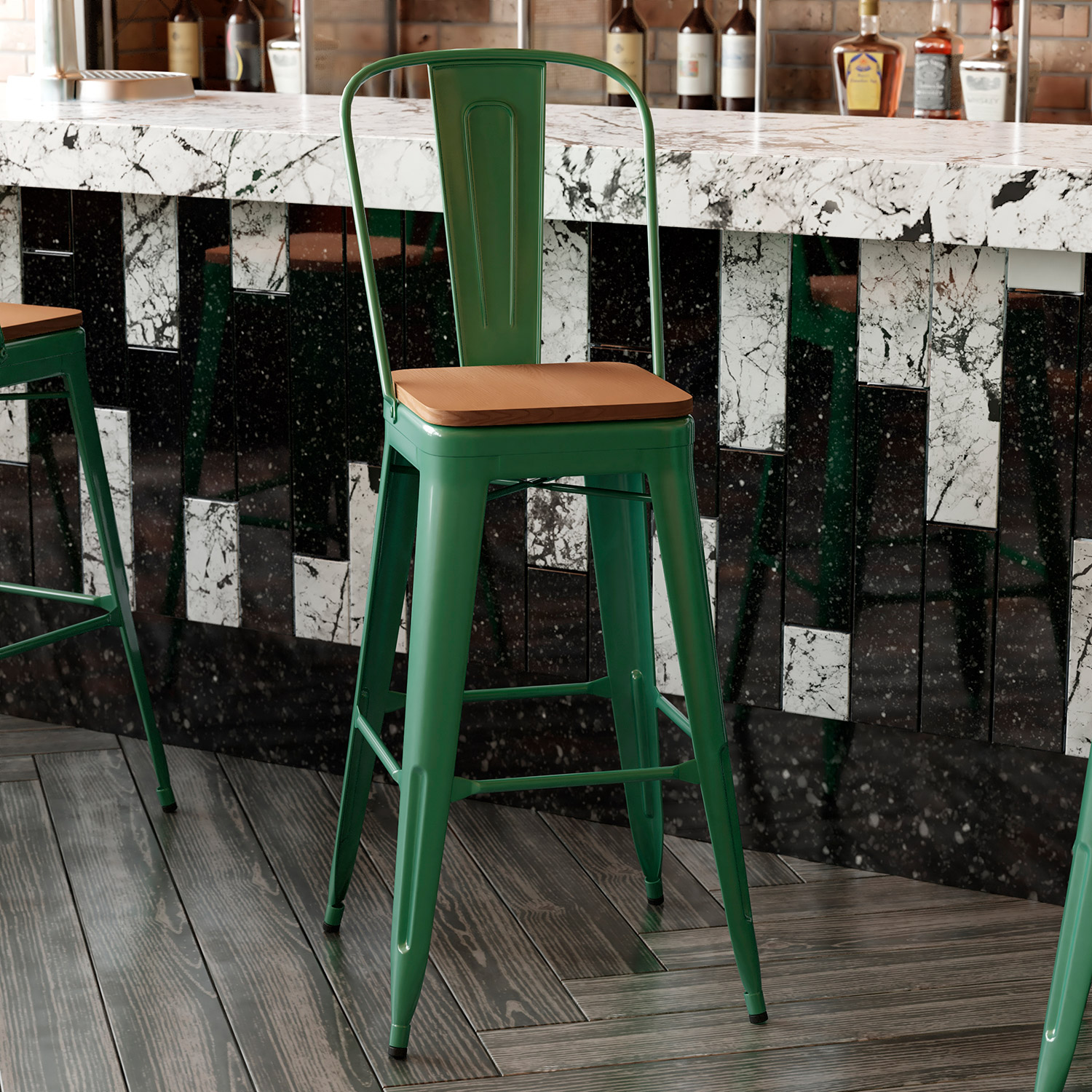 BLNK Kai Commercial All-Weather Bar Height Stool with Removable Back and Resin Seat - Green/Teak