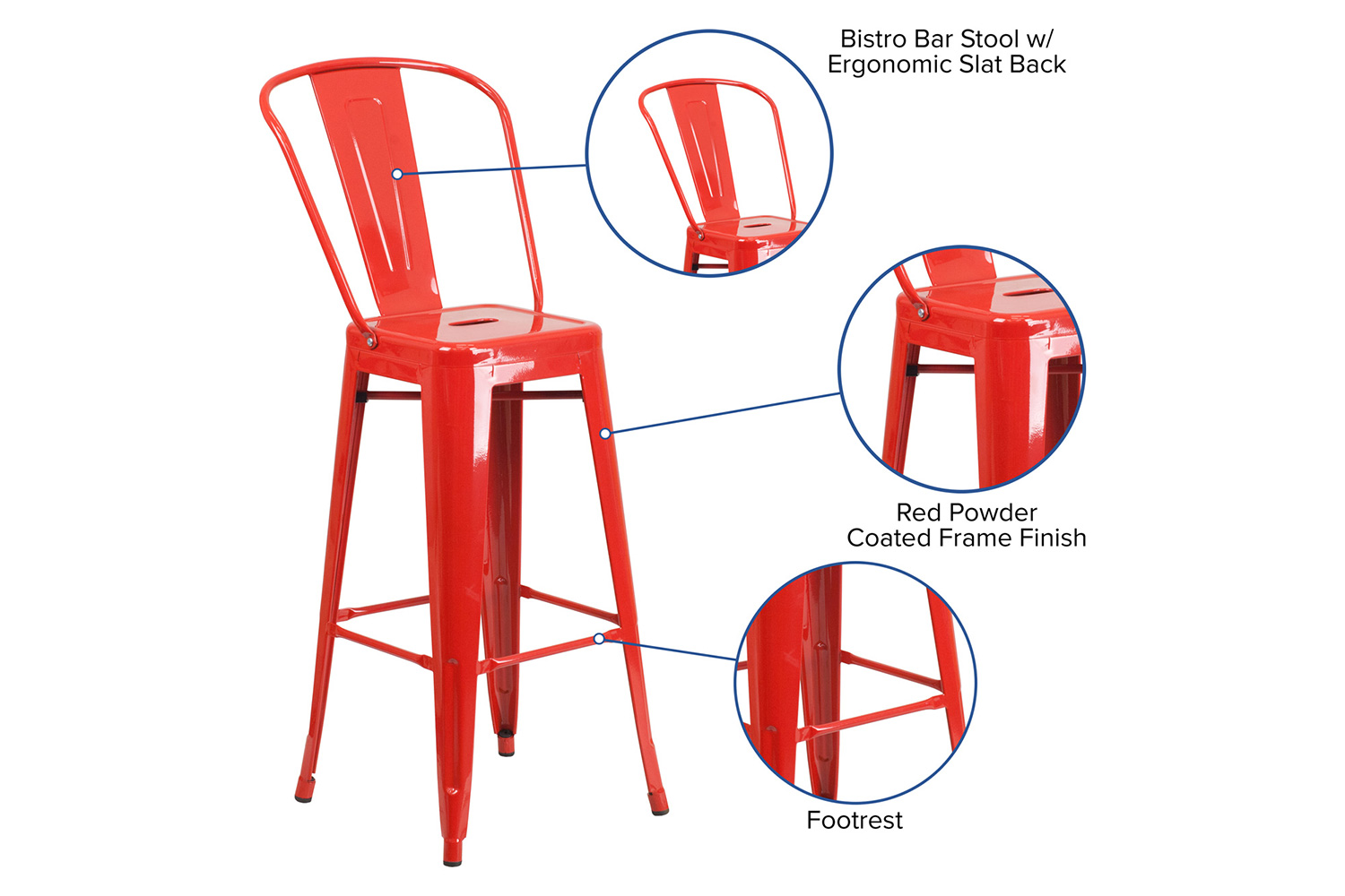 BLNK Kai Commercial Metal Indoor-Outdoor Bar Stool with Removable Back - Red