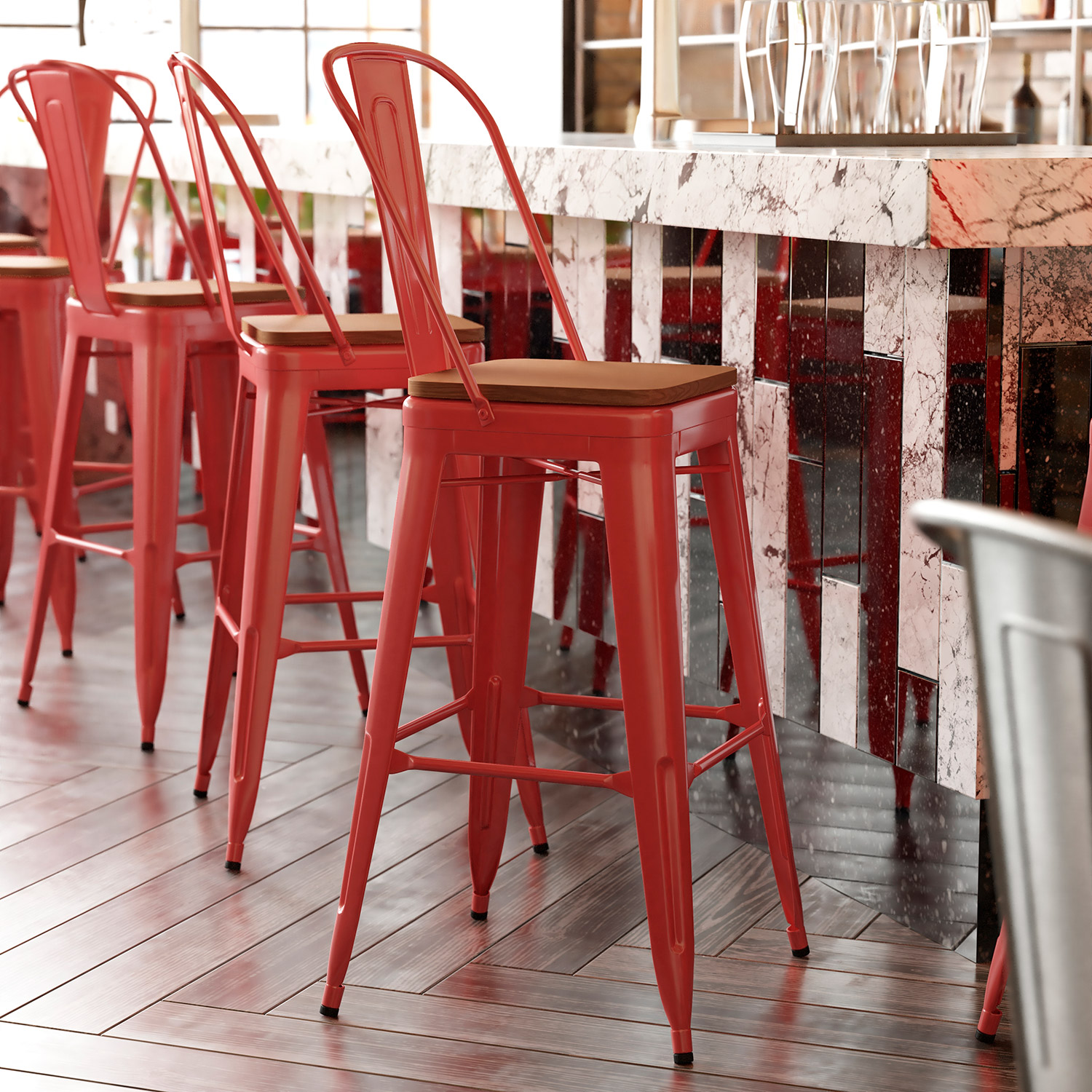 BLNK Kai Commercial All-Weather Bar Height Stool with Removable Back and Resin Seat