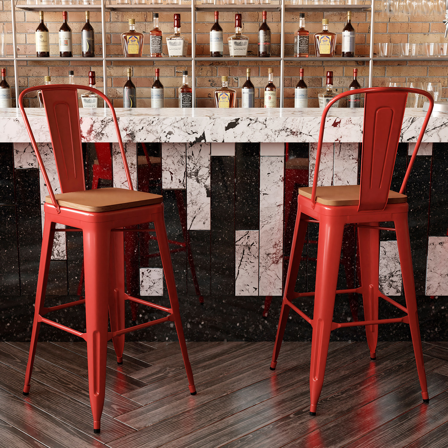 BLNK™ Kai Commercial All-Weather Bar Height Stool with Removable Back and Resin Seat - Red/Teak