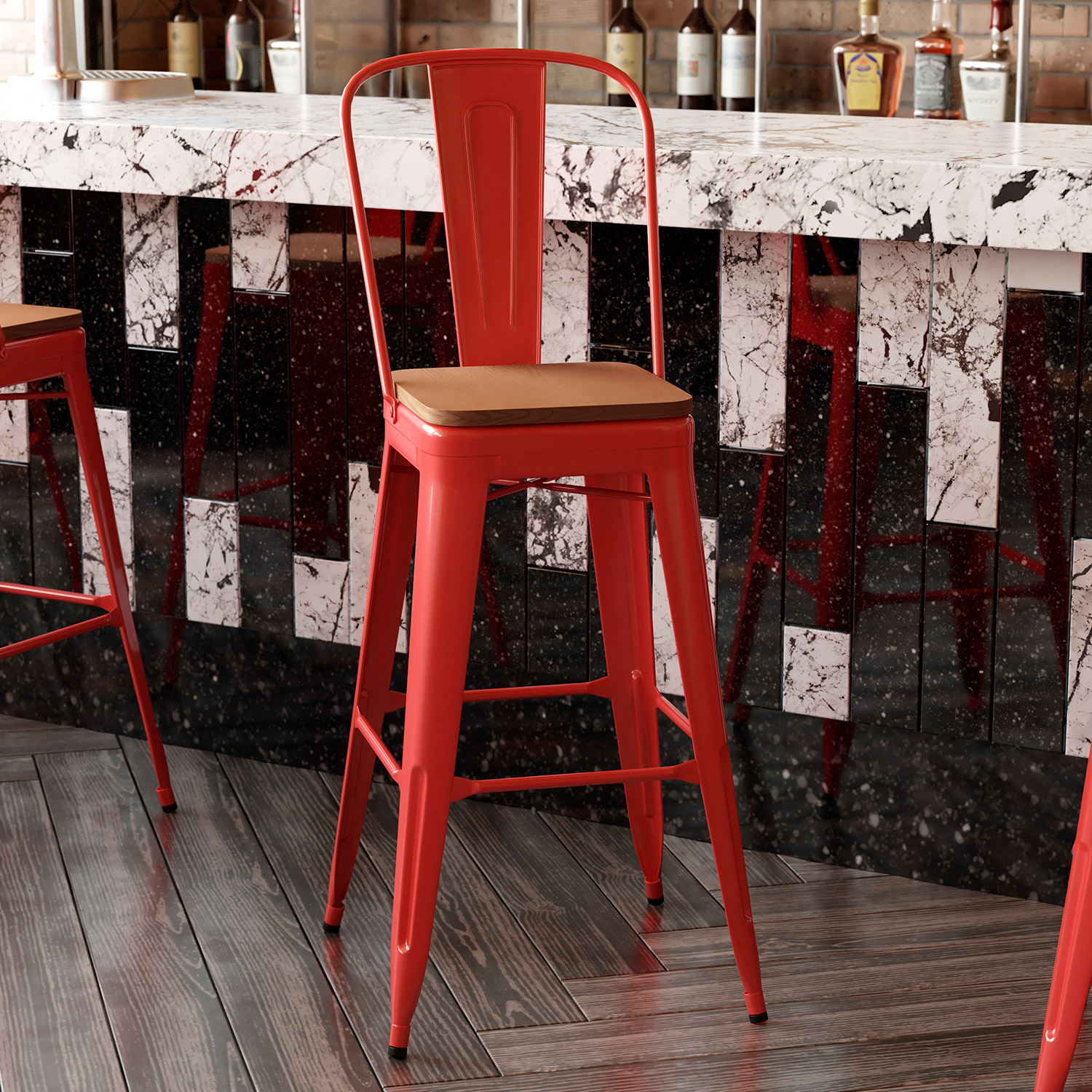 BLNK™ Kai Commercial All-Weather Bar Height Stool with Removable Back and Resin Seat - Red/Teak