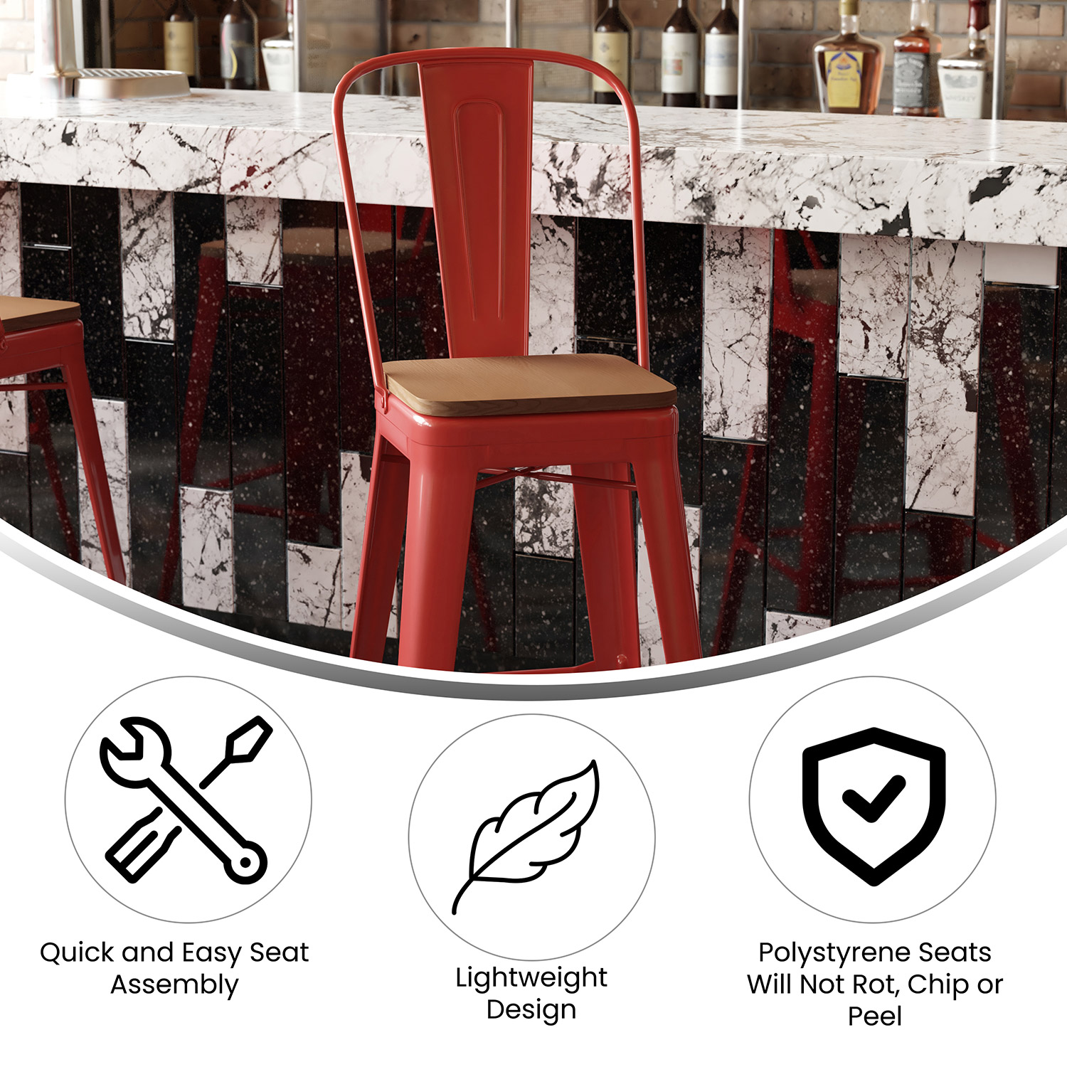 BLNK™ Kai Commercial All-Weather Bar Height Stool with Removable Back and Resin Seat - Red/Teak