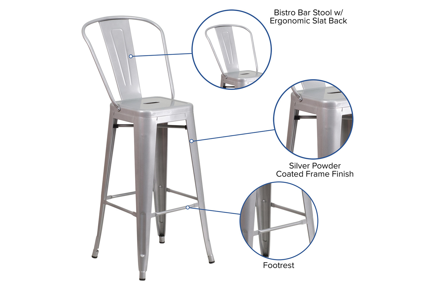 BLNK Kai Commercial Metal Indoor-Outdoor Bar Stool with Removable Back - Silver