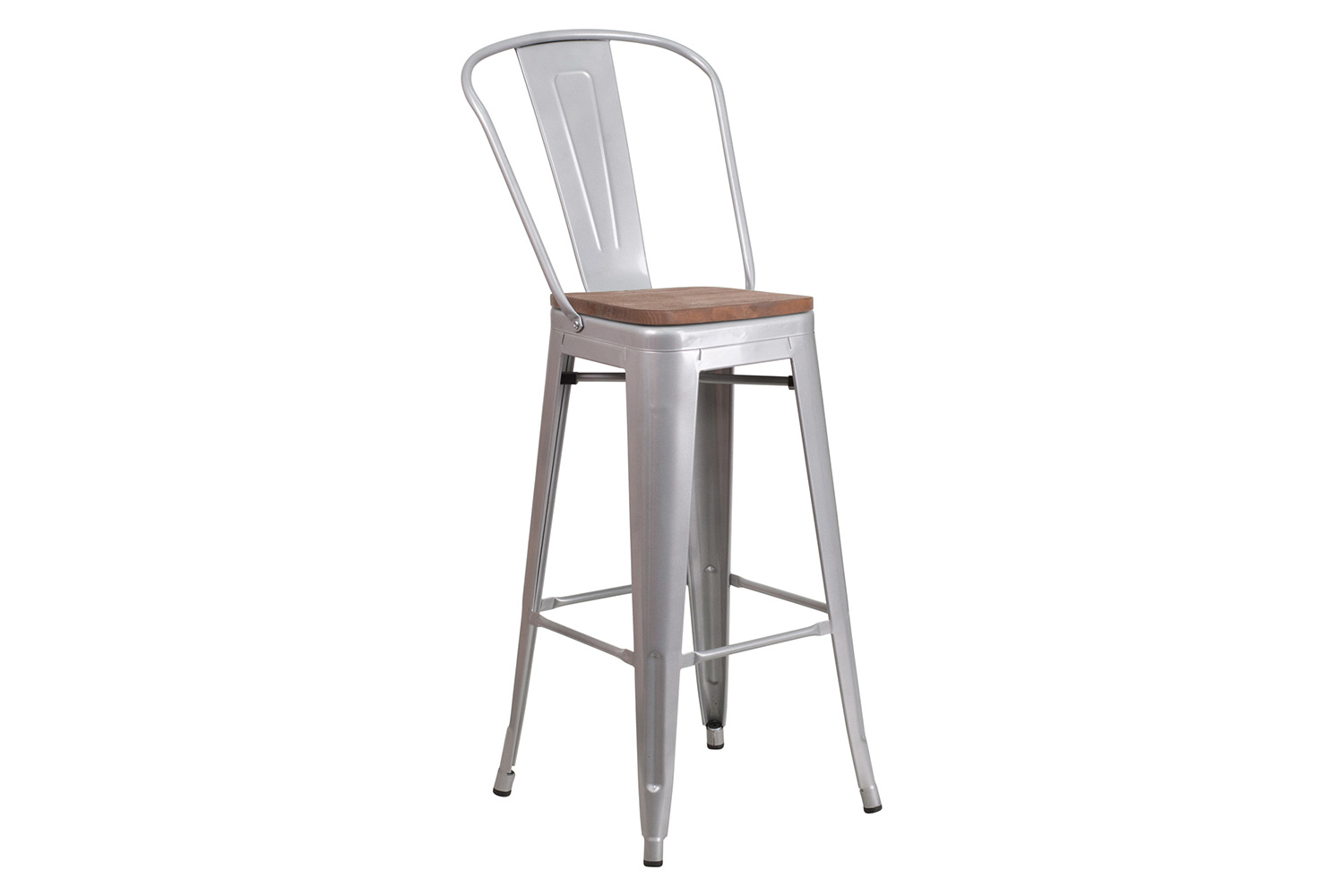 BLNK Lily Metal Bar Stool with Back and Wood Seat - Silver