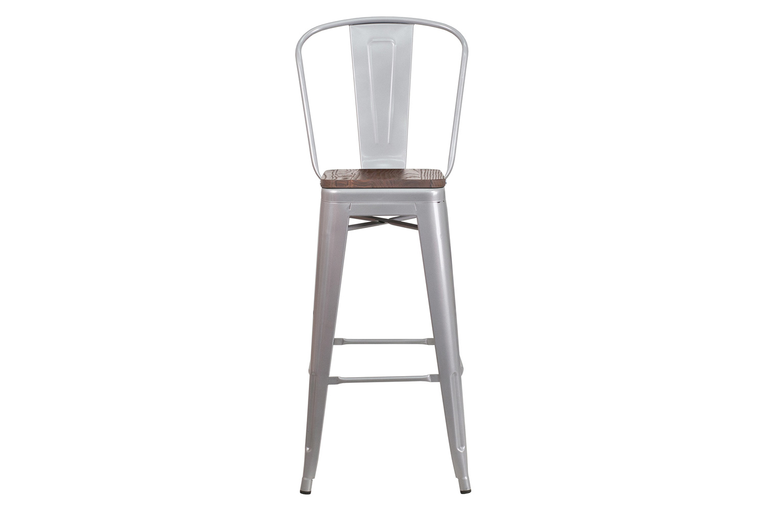 BLNK Lily Metal Bar Stool with Back and Wood Seat - Silver