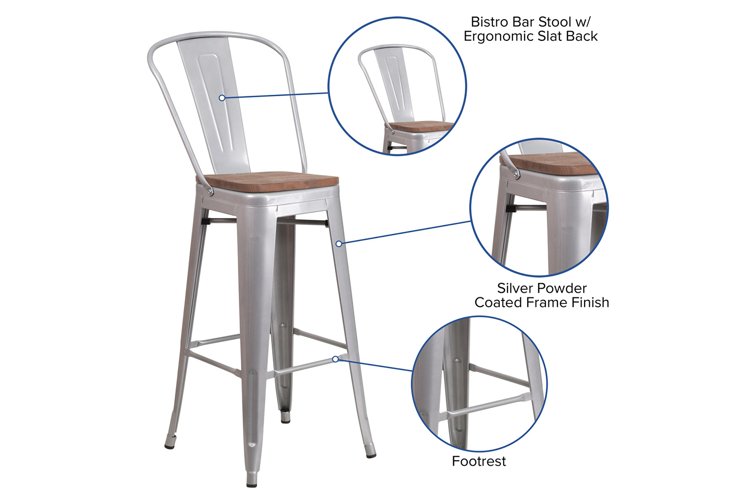 BLNK Lily Metal Bar Stool with Back and Wood Seat - Silver