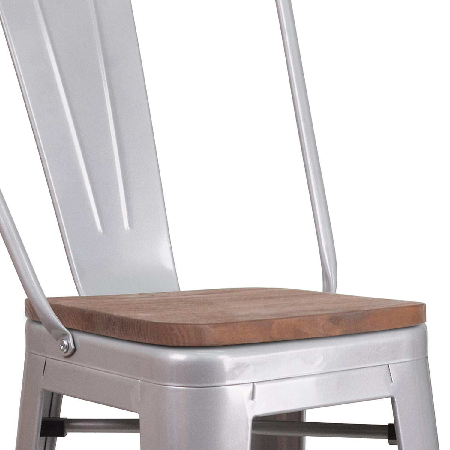 BLNK Lily Metal Bar Stool with Back and Wood Seat - Silver