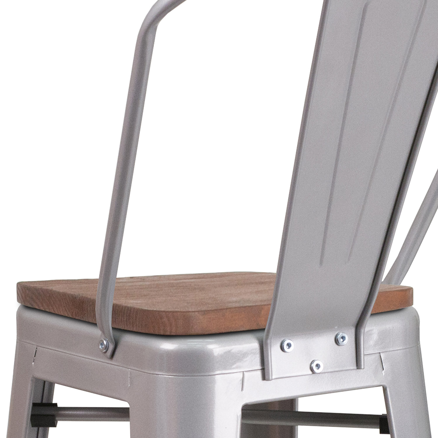 BLNK Lily Metal Bar Stool with Back and Wood Seat - Silver