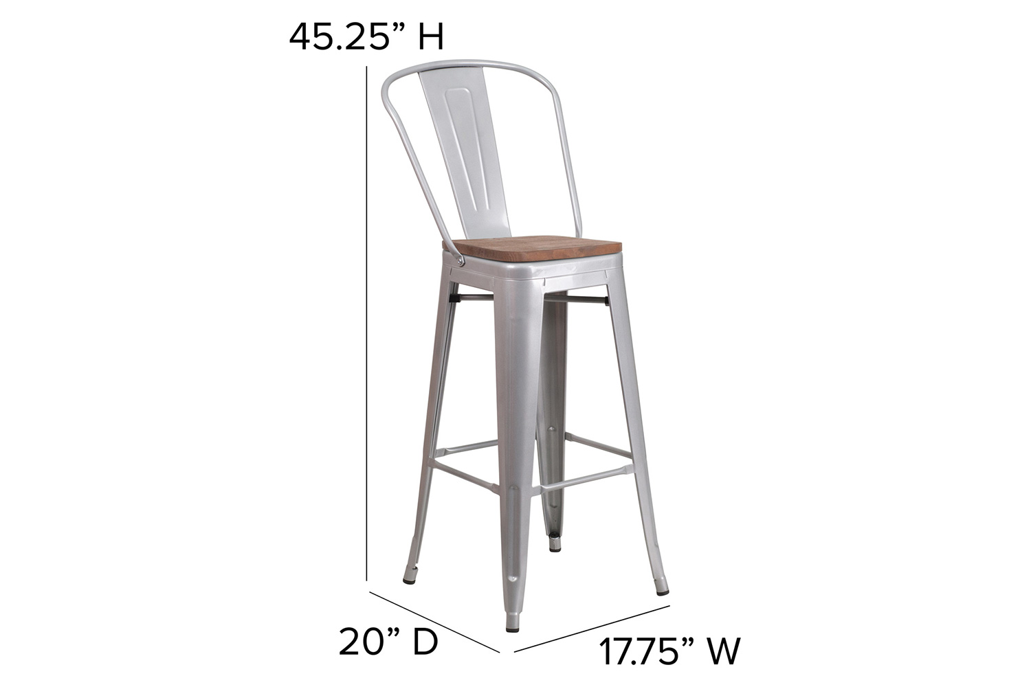 BLNK Lily Metal Bar Stool with Back and Wood Seat - Silver