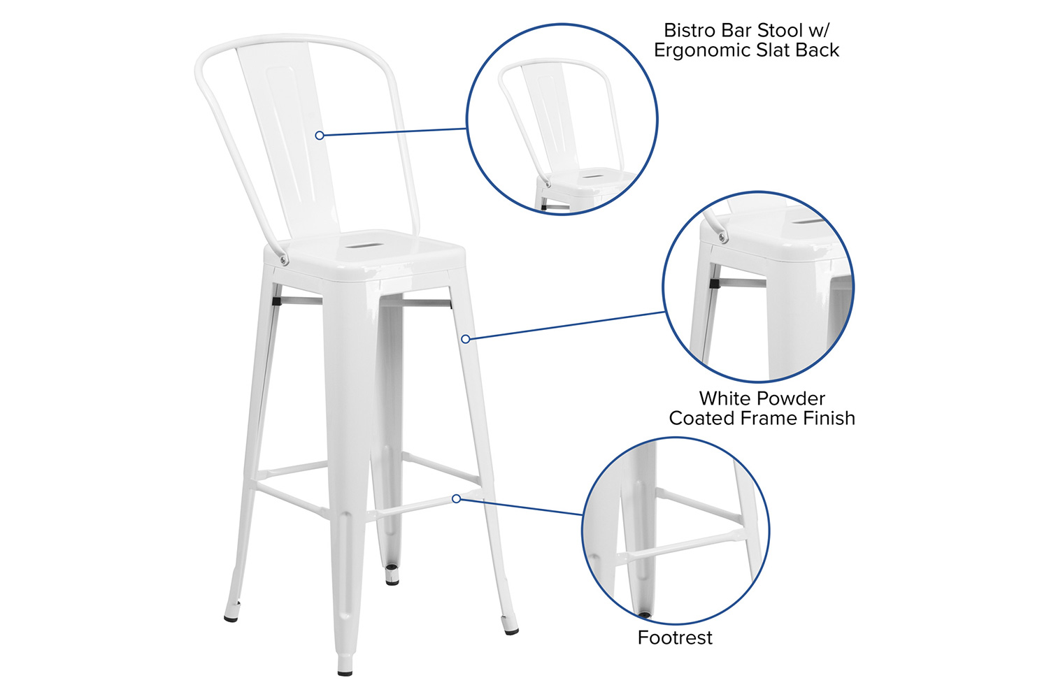 BLNK Kai Commercial Metal Indoor-Outdoor Bar Stool with Removable Back - White