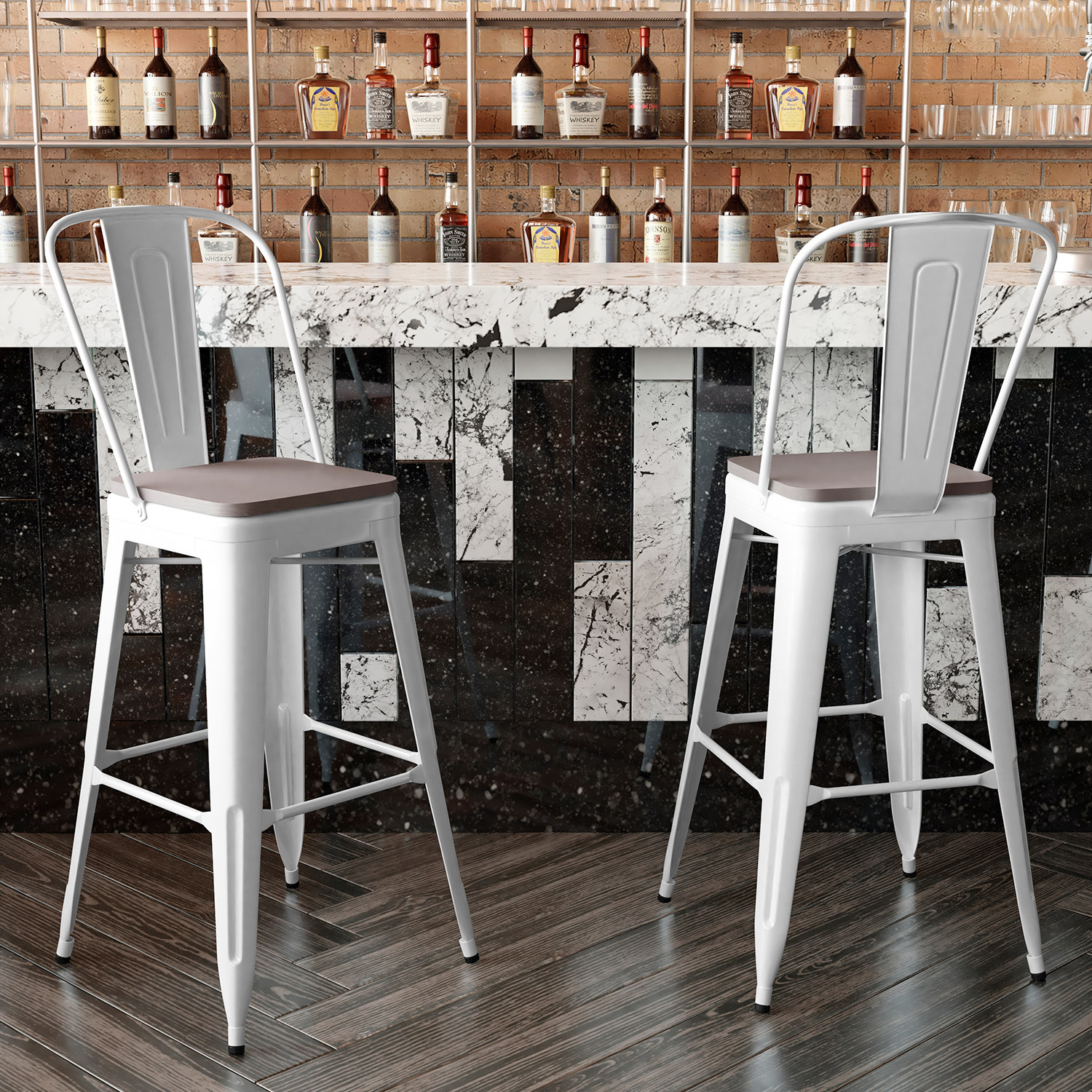 BLNK Kai Commercial All-Weather Bar Height Stool with Removable Back and Resin Seat - White/Gray