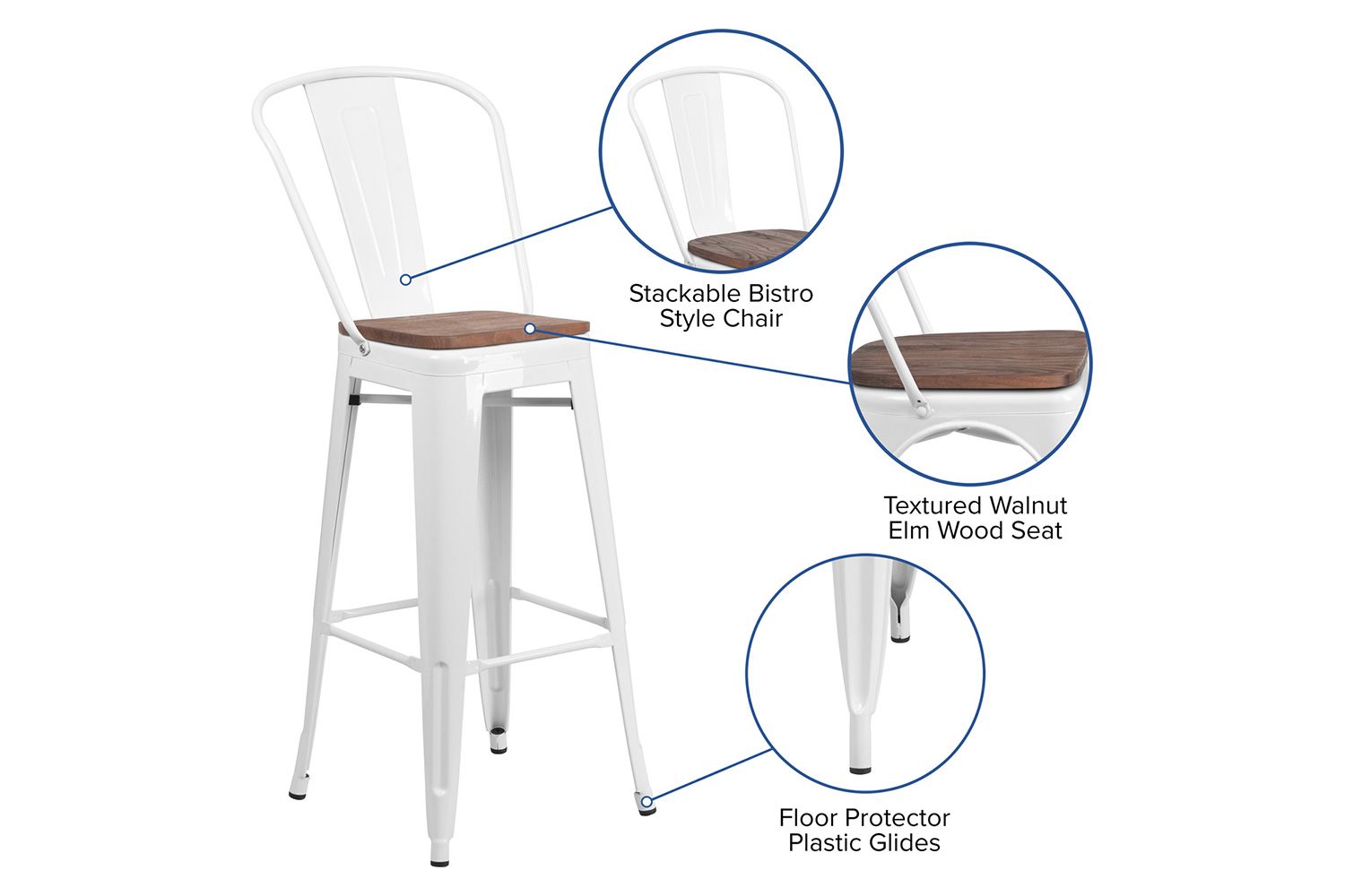 BLNK Lily Metal Bar Stool with Back and Wood Seat - White