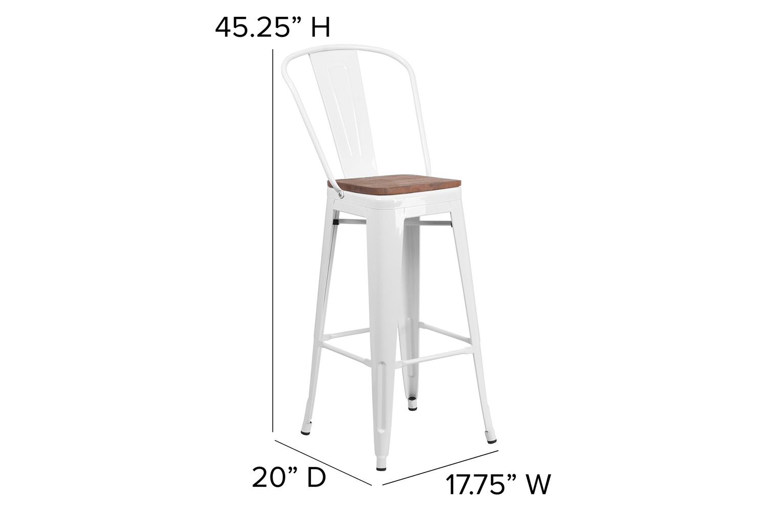 BLNK Lily Metal Bar Stool with Back and Wood Seat - White