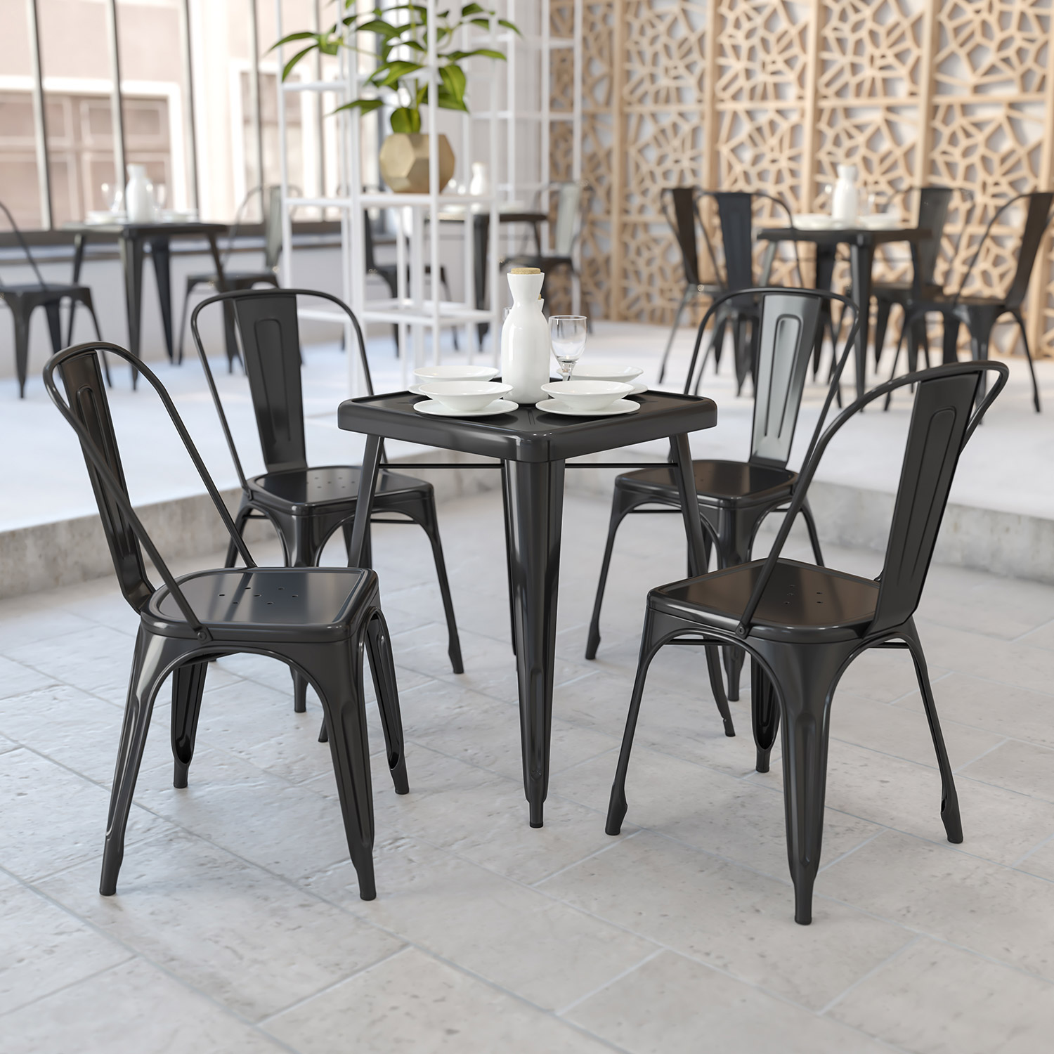 BLNK Owen Commercial Square Metal Indoor-Outdoor Table Set with 2 Stack Chairs