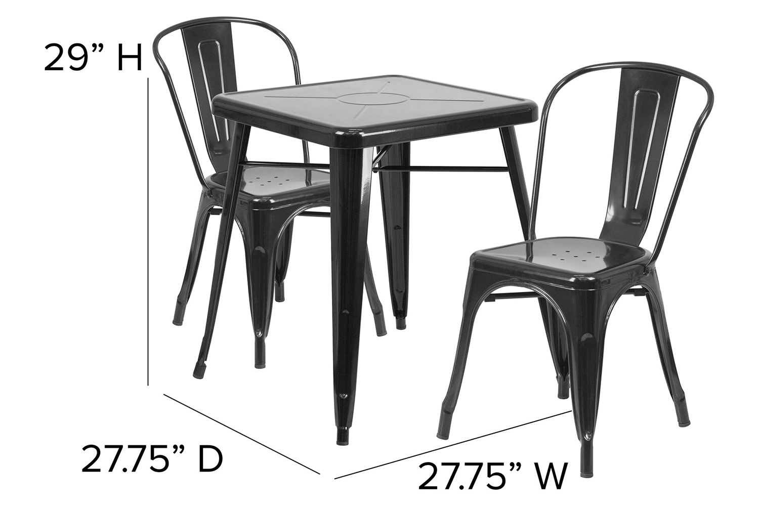 BLNK Owen Commercial Square Metal Indoor-Outdoor Table Set with 2 Stack Chairs - Black