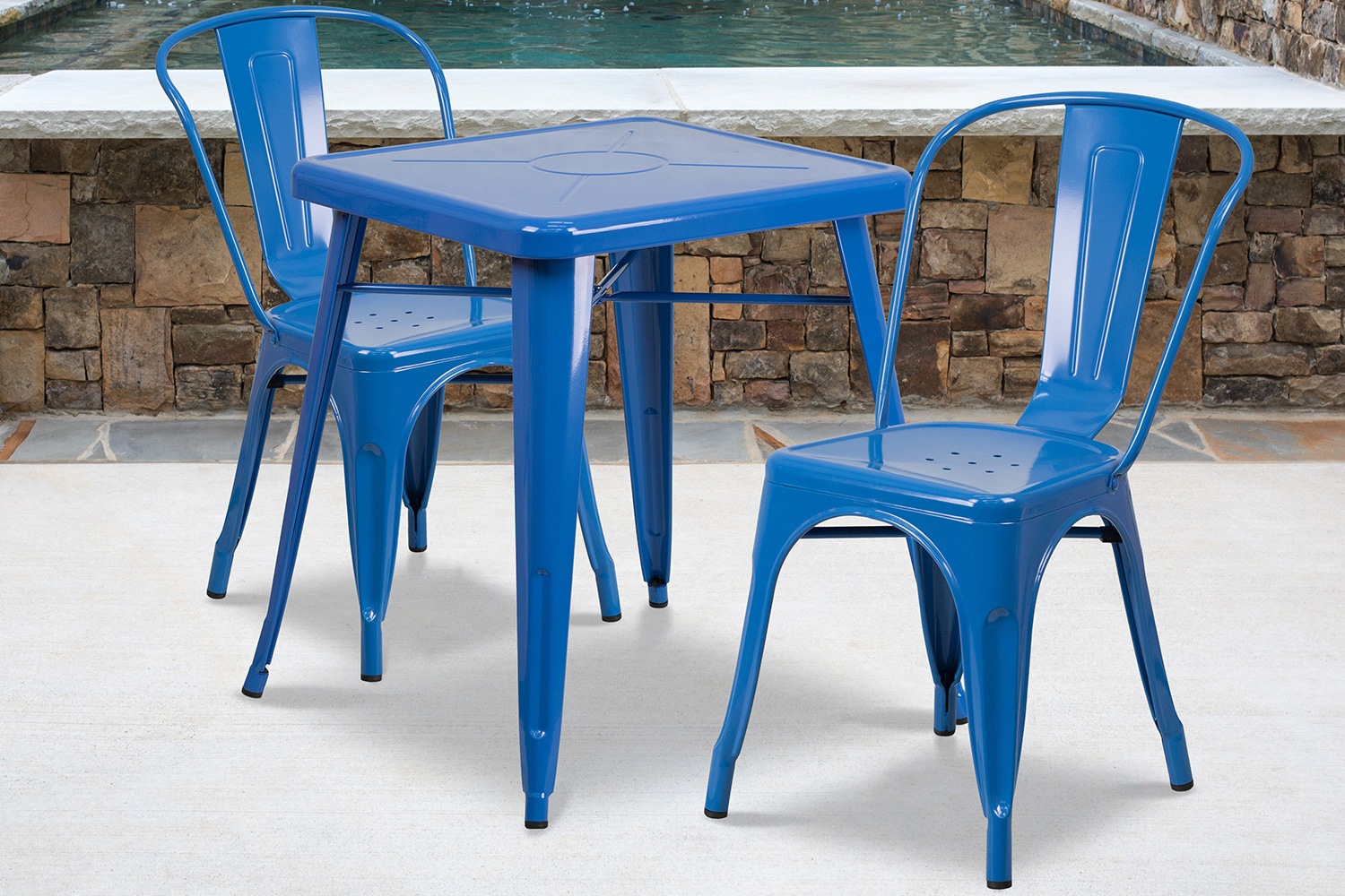 BLNK Owen Commercial Square Metal Indoor-Outdoor Table Set with 2 Stack Chairs