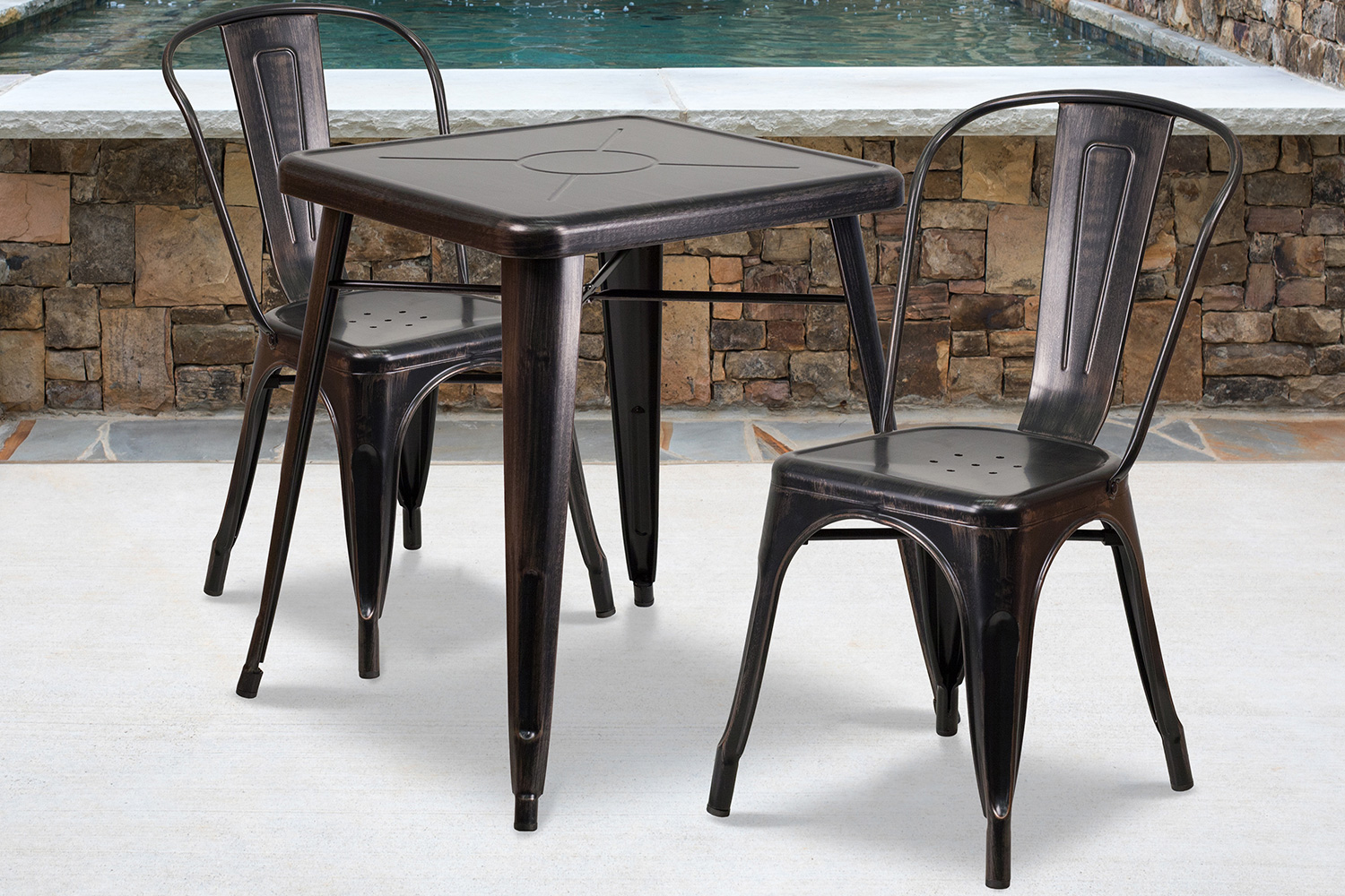 BLNK Owen Commercial Square Metal Indoor-Outdoor Table Set with 2 Stack Chairs