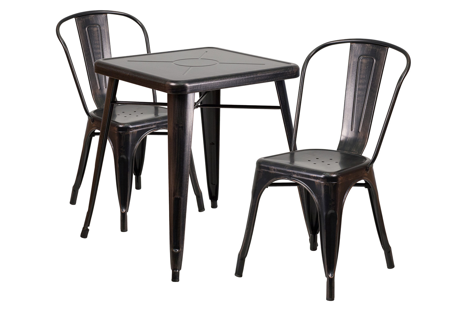 BLNK Owen Commercial Square Metal Indoor-Outdoor Table Set with 2 Stack Chairs - Black/Antique Gold