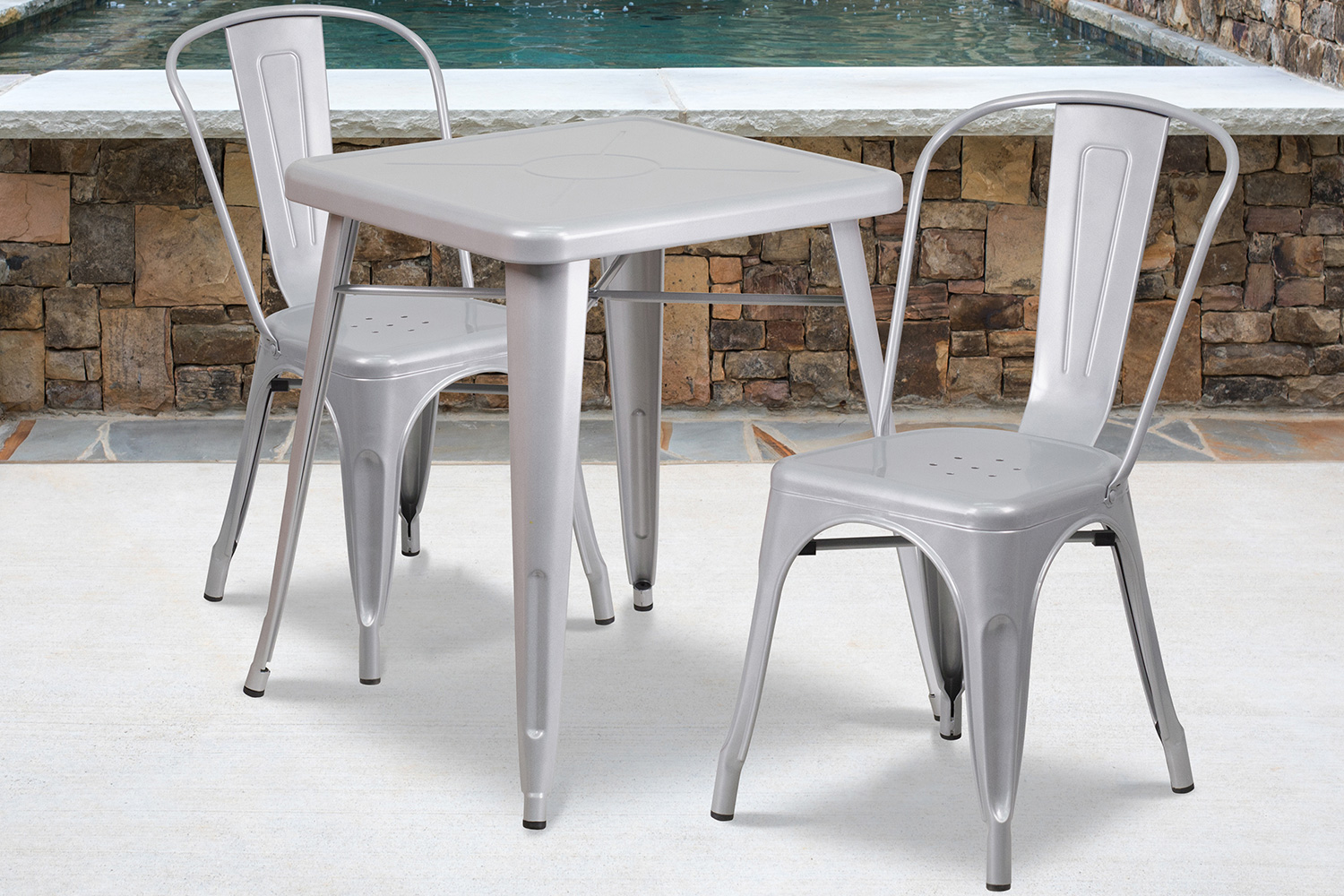 BLNK Owen Commercial Square Metal Indoor-Outdoor Table Set with 2 Stack Chairs