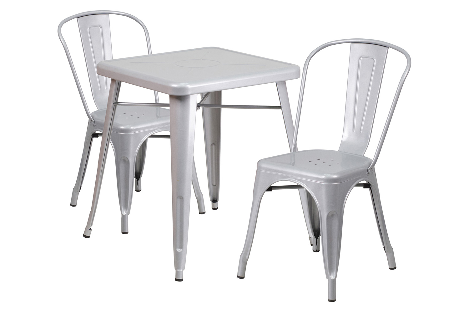 BLNK Owen Commercial Square Metal Indoor-Outdoor Table Set with 2 Stack Chairs - Silver