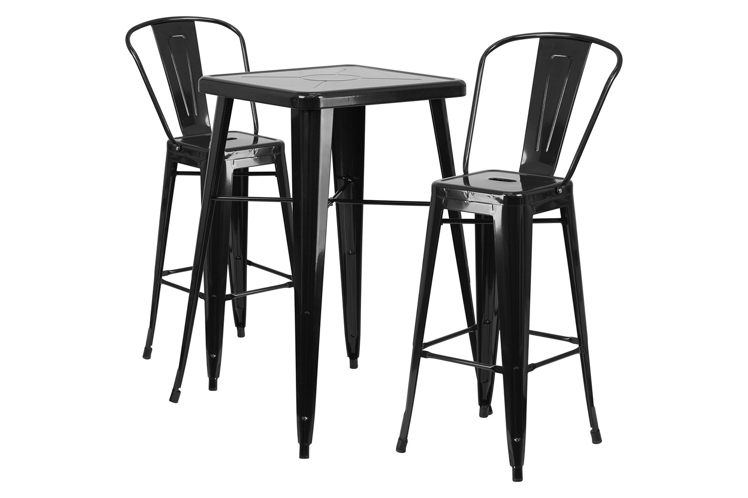 BLNK Gable Commercial Square Metal Indoor-Outdoor Bar Table Set with 2 Stools with Backs - Black