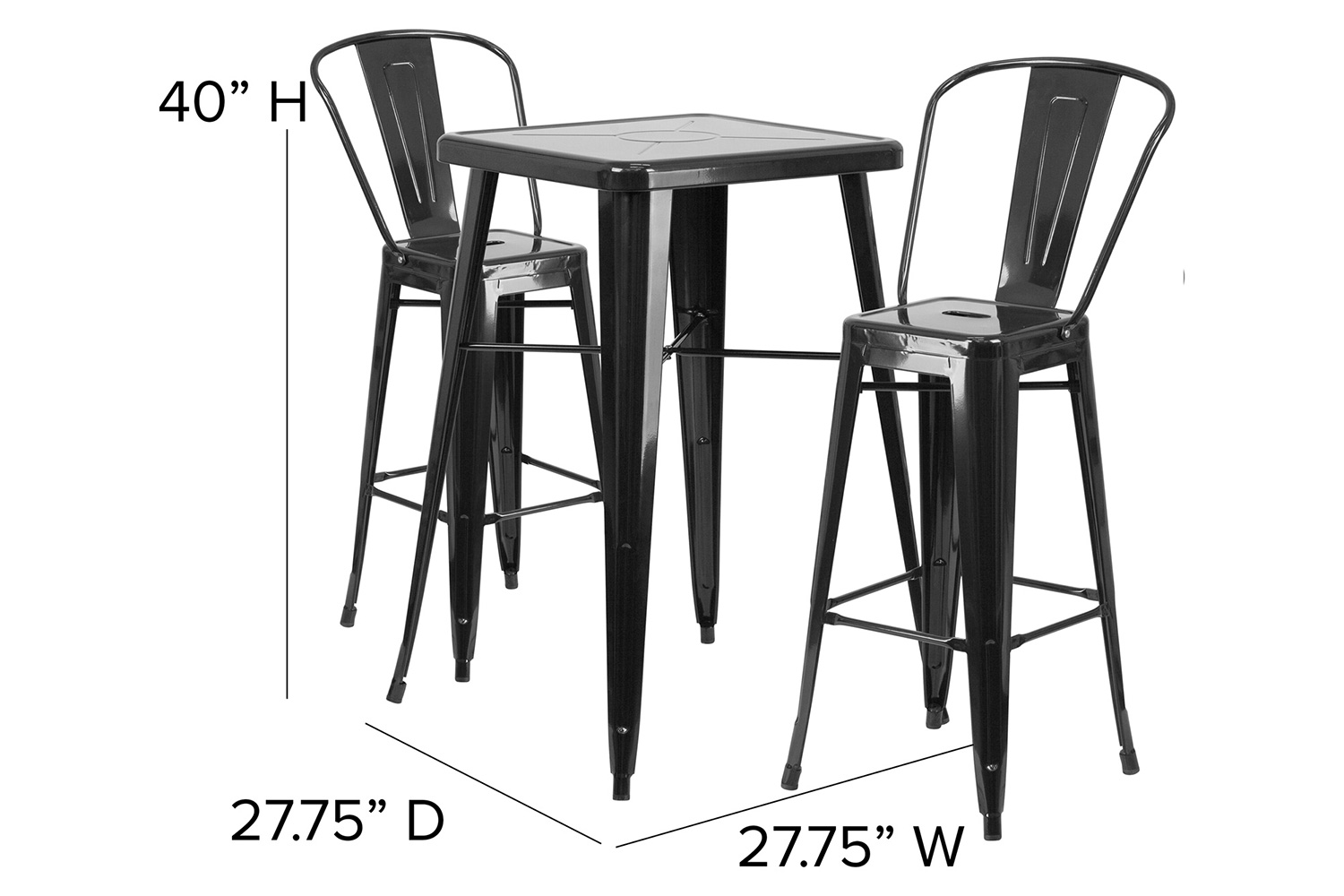 BLNK Gable Commercial Square Metal Indoor-Outdoor Bar Table Set with 2 Stools with Backs - Black