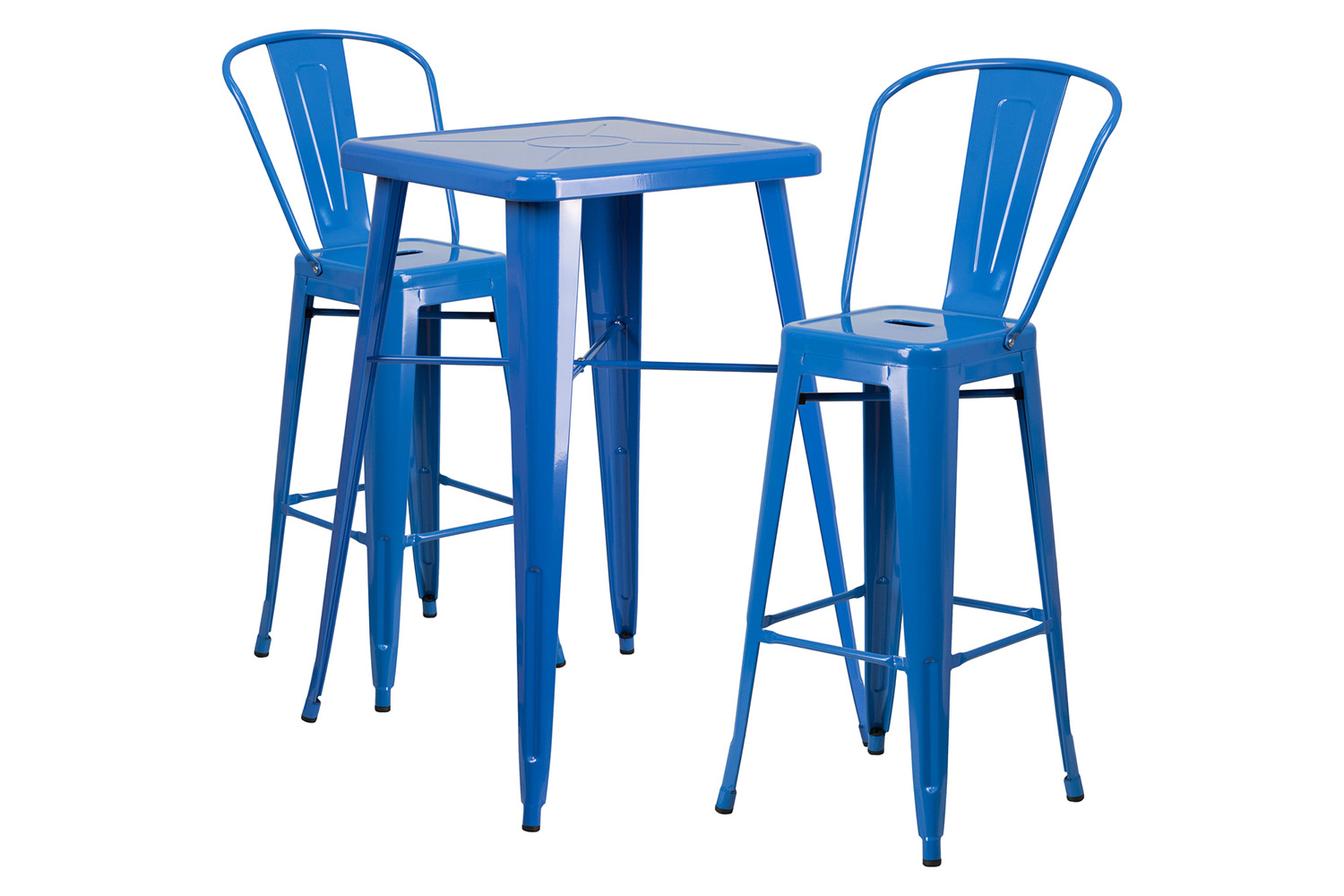 BLNK Gable Commercial Square Metal Indoor-Outdoor Bar Table Set with 2 Stools with Backs - Blue