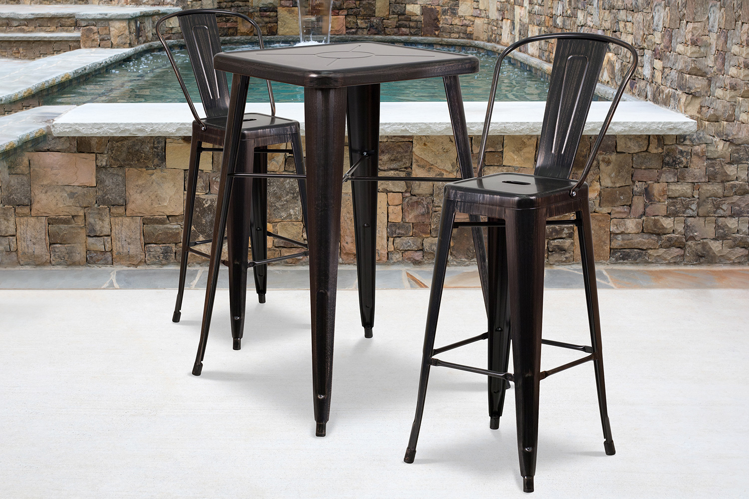 BLNK Gable Commercial Square Metal Indoor-Outdoor Bar Table Set with 2 Stools with Backs