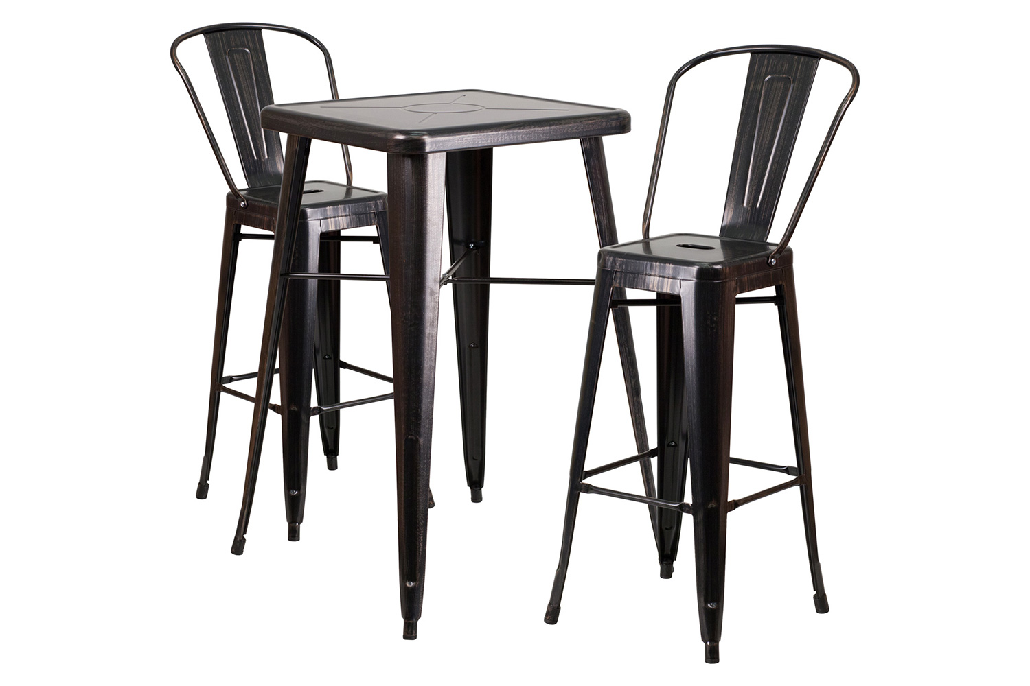 BLNK Gable Commercial Square Metal Indoor-Outdoor Bar Table Set with 2 Stools with Backs - Black/Antique Gold