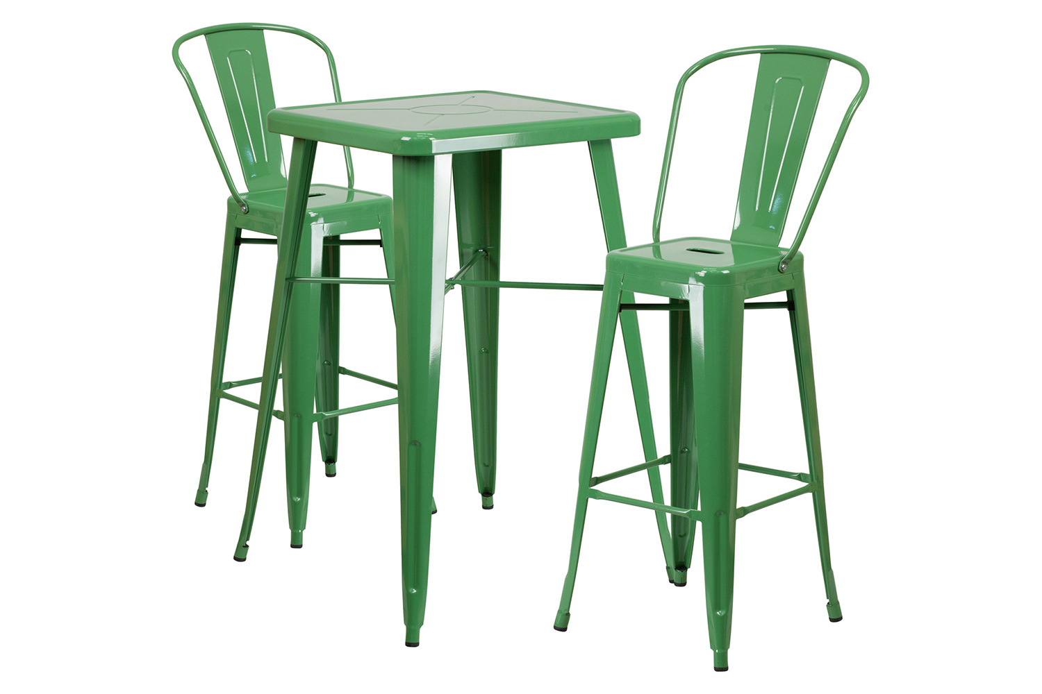 BLNK Gable Commercial Square Metal Indoor-Outdoor Bar Table Set with 2 Stools with Backs - Green