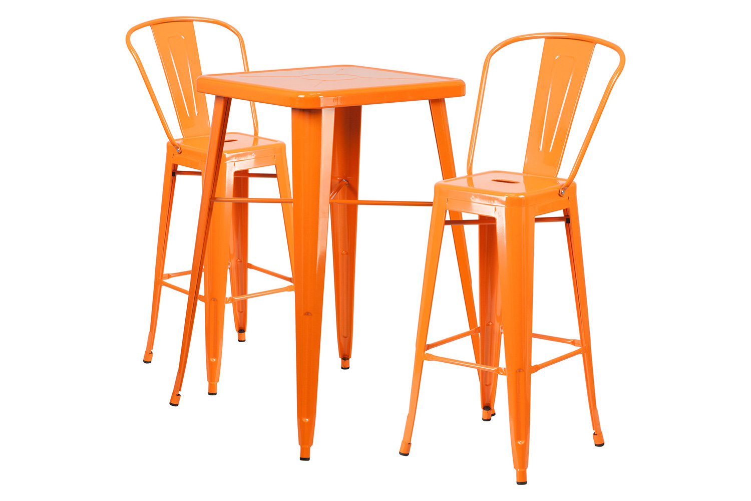 BLNK Gable Commercial Square Metal Indoor-Outdoor Bar Table Set with 2 Stools with Backs - Orange