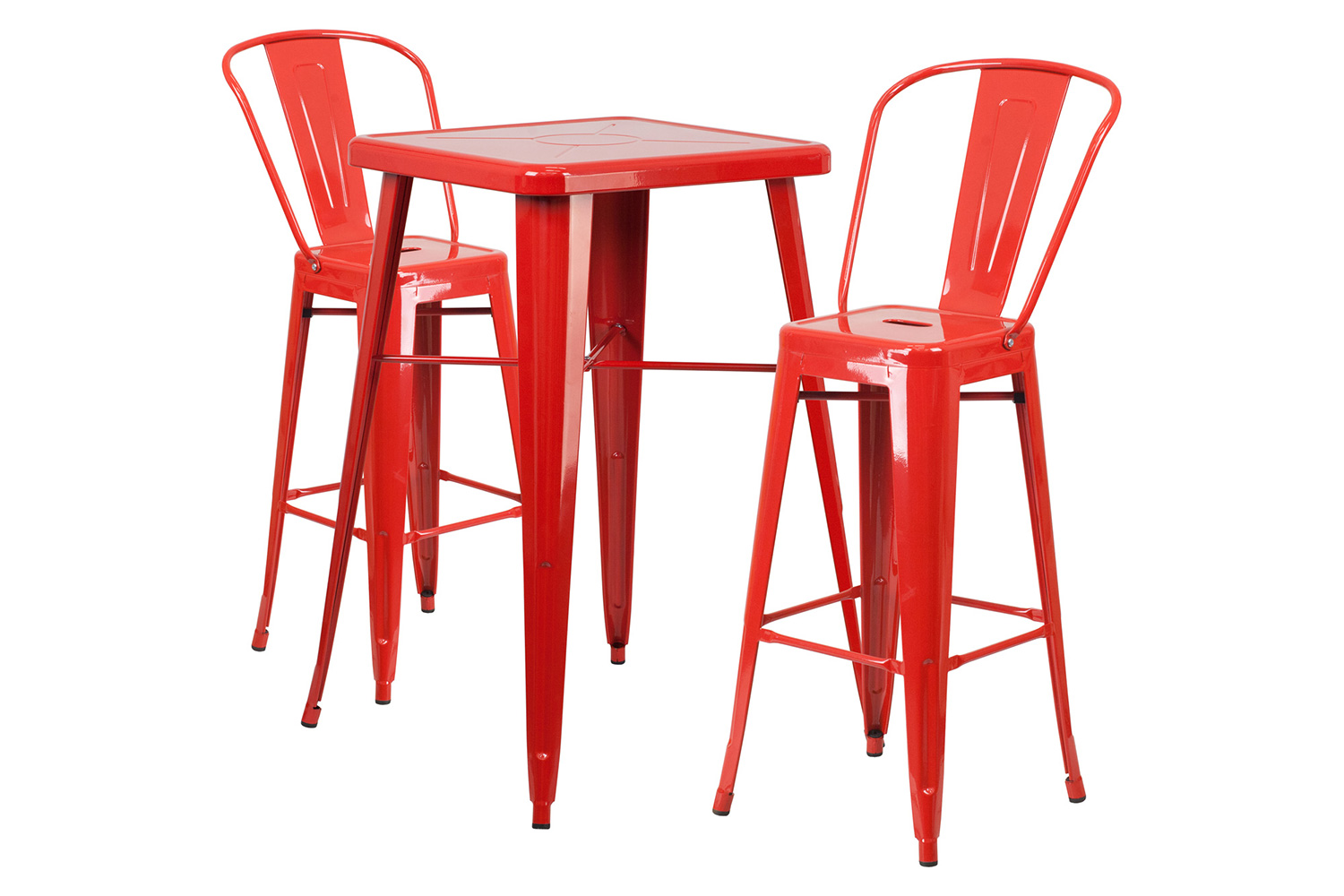 BLNK Gable Commercial Square Metal Indoor-Outdoor Bar Table Set with 2 Stools with Backs - Red