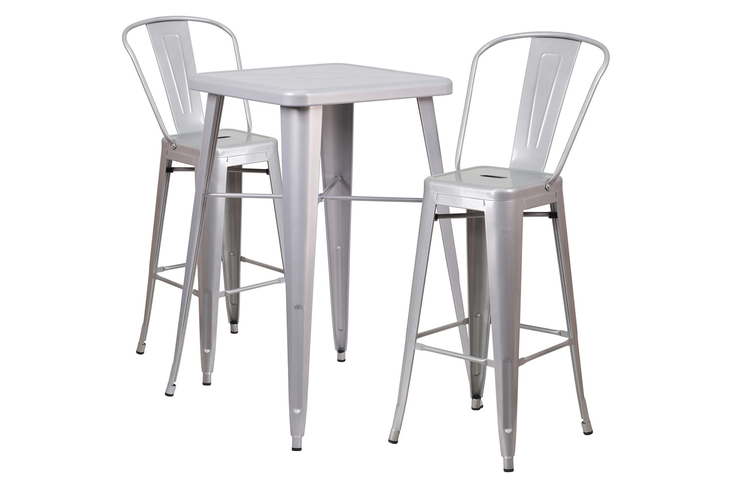 BLNK Gable Commercial Square Metal Indoor-Outdoor Bar Table Set with 2 Stools with Backs - Silver