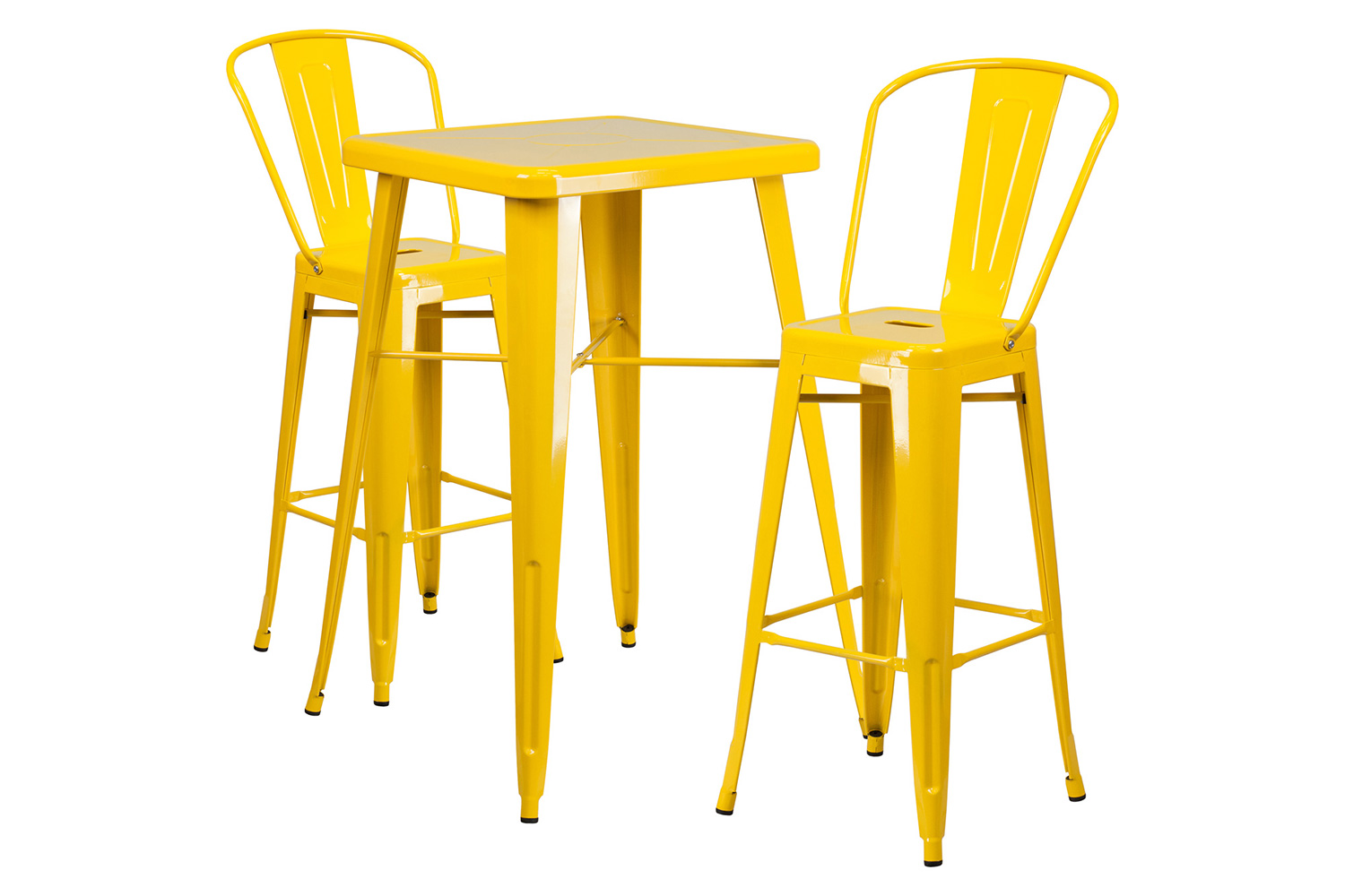 BLNK Gable Commercial Square Metal Indoor-Outdoor Bar Table Set with 2 Stools with Backs - Yellow