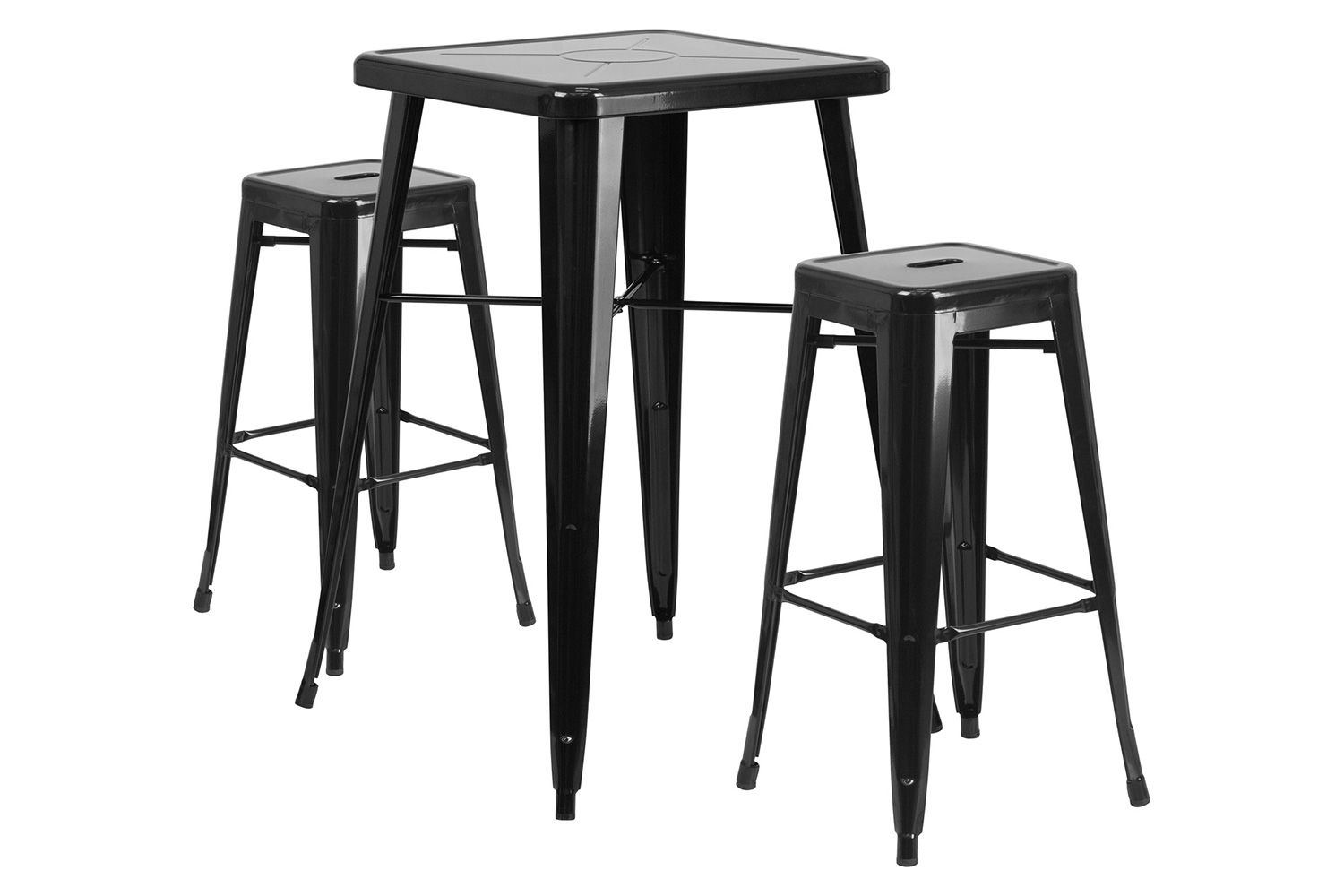 BLNK Stone Commercial Square Metal Indoor-Outdoor Bar Table Set with 2 Square Seat Backless Stools