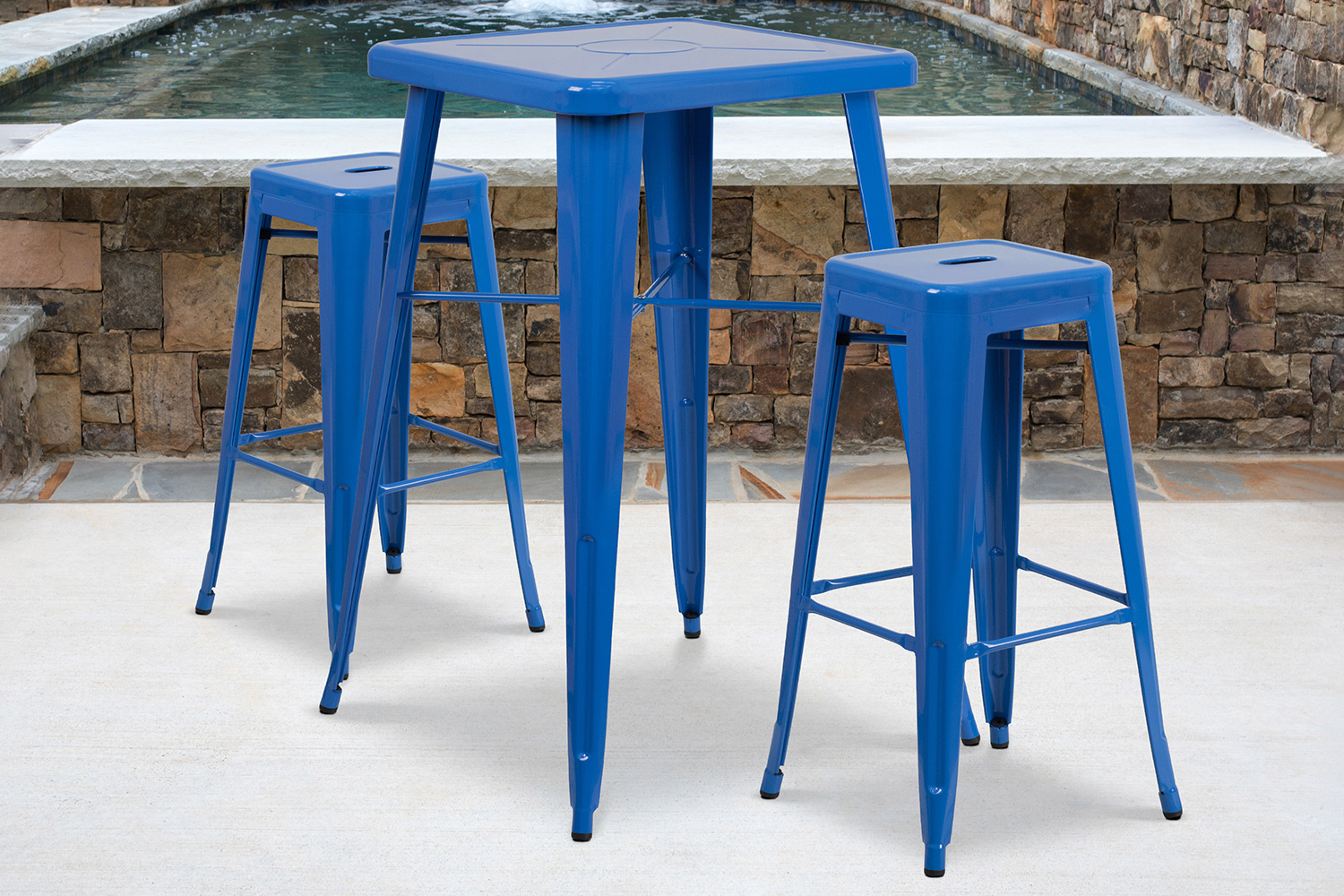 BLNK Stone Commercial Square Metal Indoor-Outdoor Bar Table Set with 2 Square Seat Backless Stools