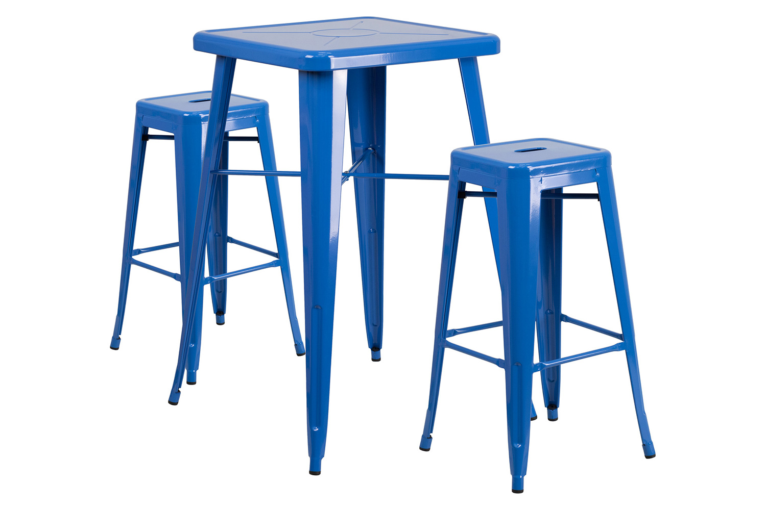 BLNK Stone Commercial Square Metal Indoor-Outdoor Bar Table Set with 2 Square Seat Backless Stools - Blue