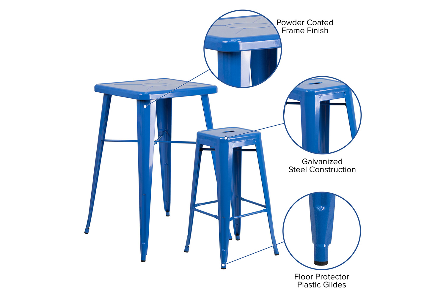 BLNK Stone Commercial Square Metal Indoor-Outdoor Bar Table Set with 2 Square Seat Backless Stools - Blue