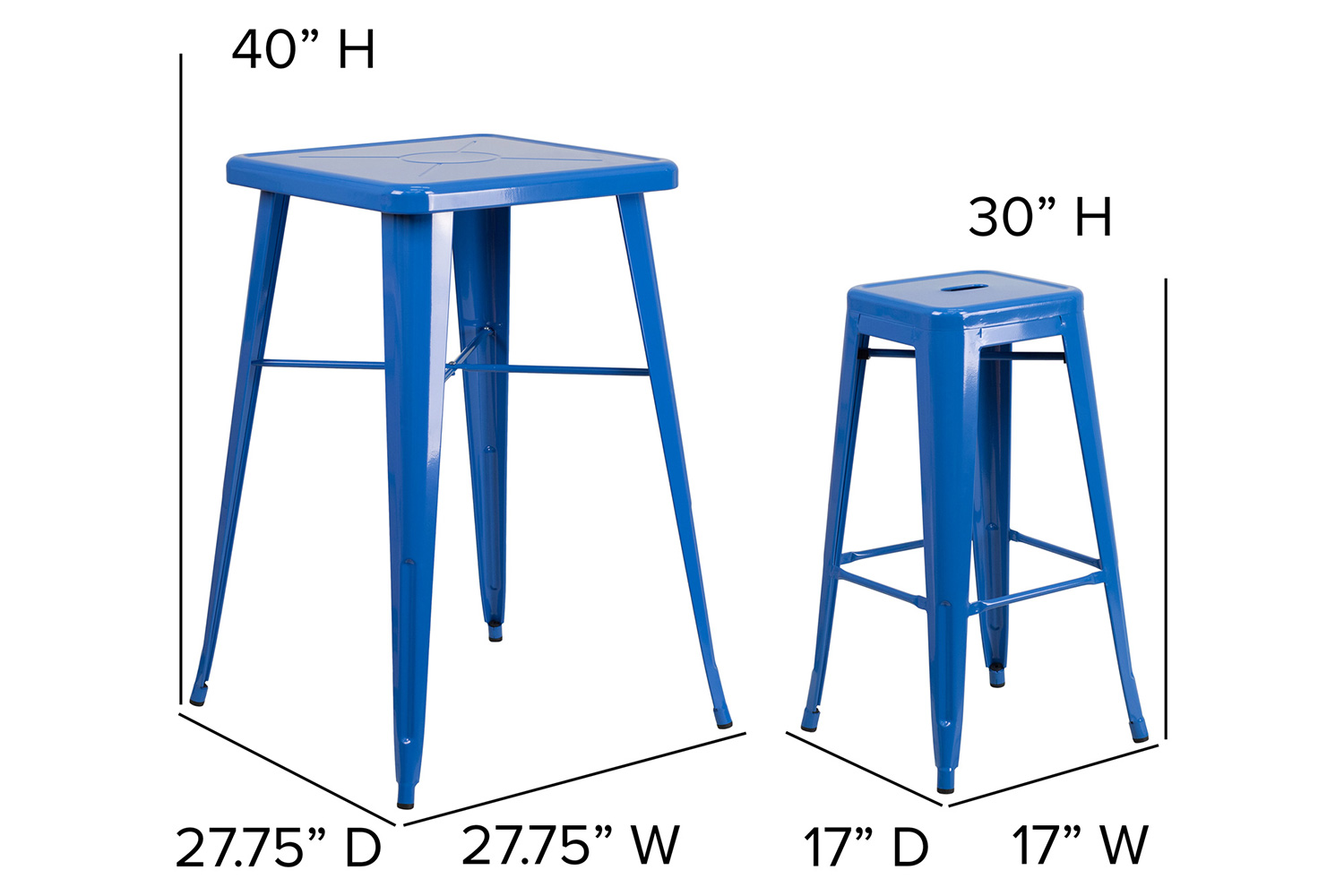 BLNK Stone Commercial Square Metal Indoor-Outdoor Bar Table Set with 2 Square Seat Backless Stools - Blue