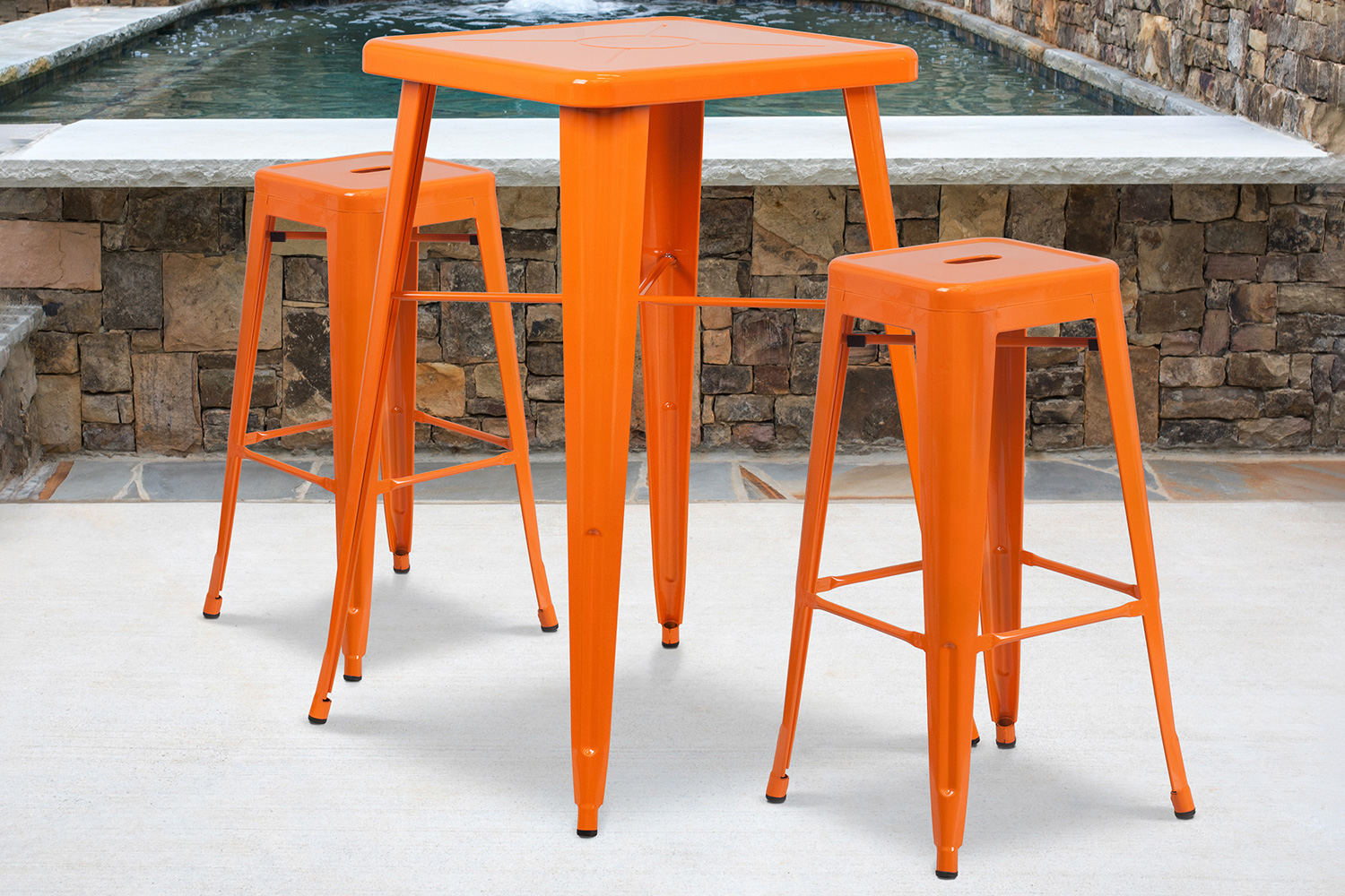 BLNK Stone Commercial Square Metal Indoor-Outdoor Bar Table Set with 2 Square Seat Backless Stools