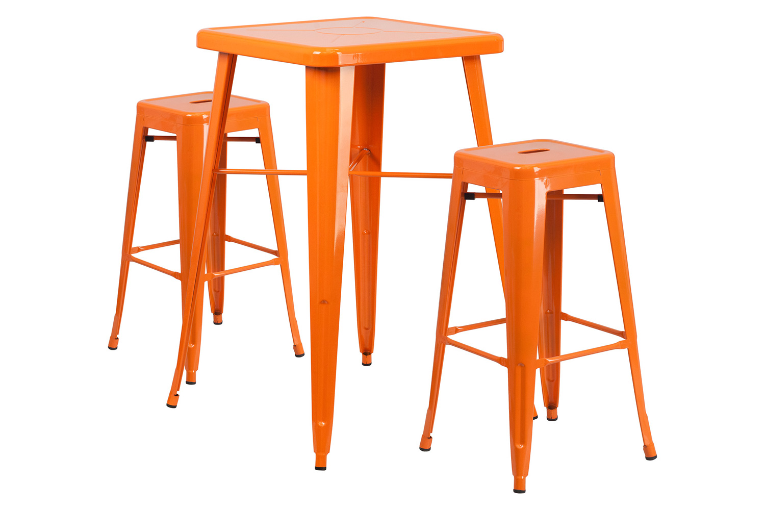 BLNK Stone Commercial Square Metal Indoor-Outdoor Bar Table Set with 2 Square Seat Backless Stools - Orange