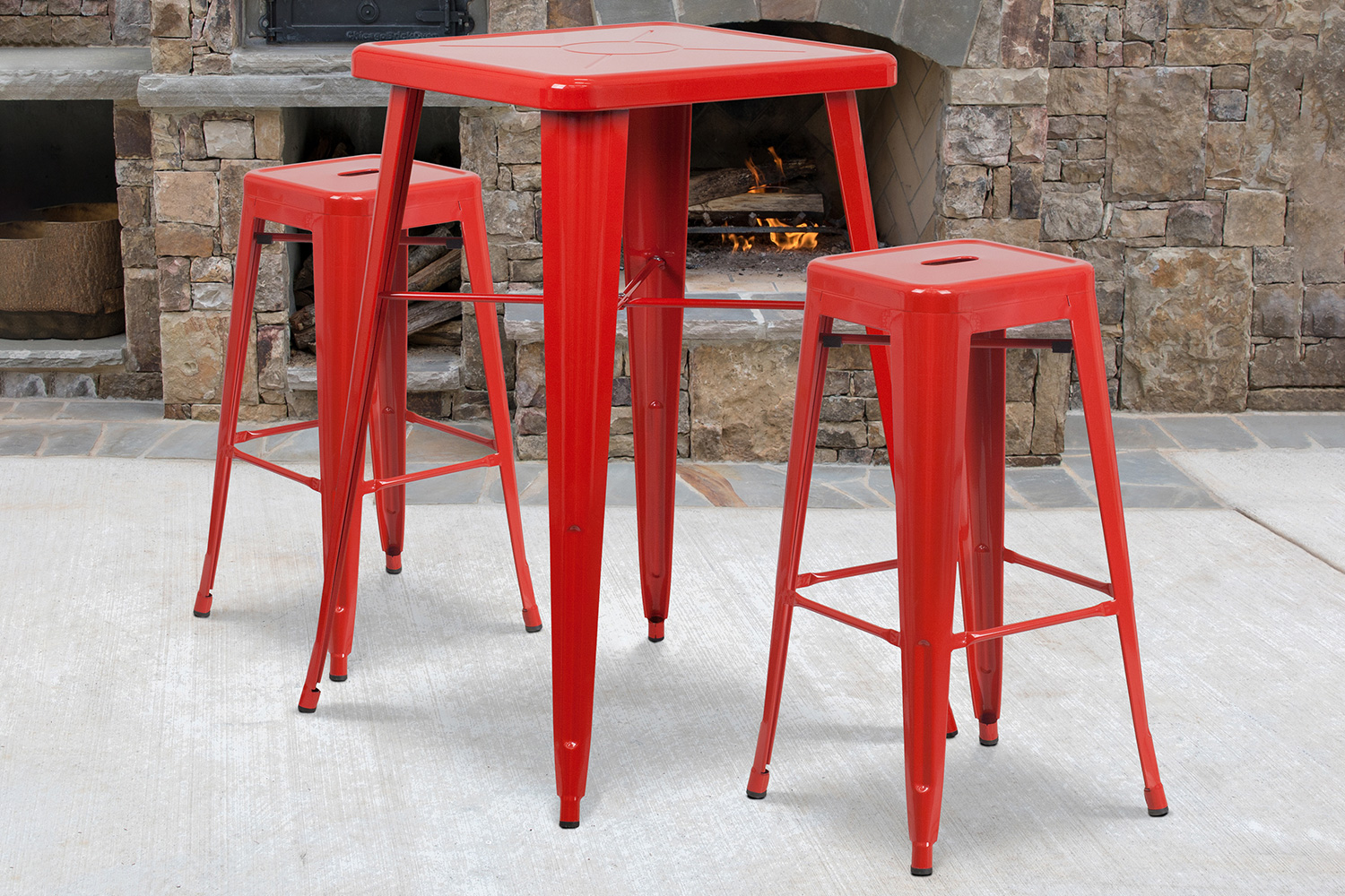 BLNK Stone Commercial Square Metal Indoor-Outdoor Bar Table Set with 2 Square Seat Backless Stools